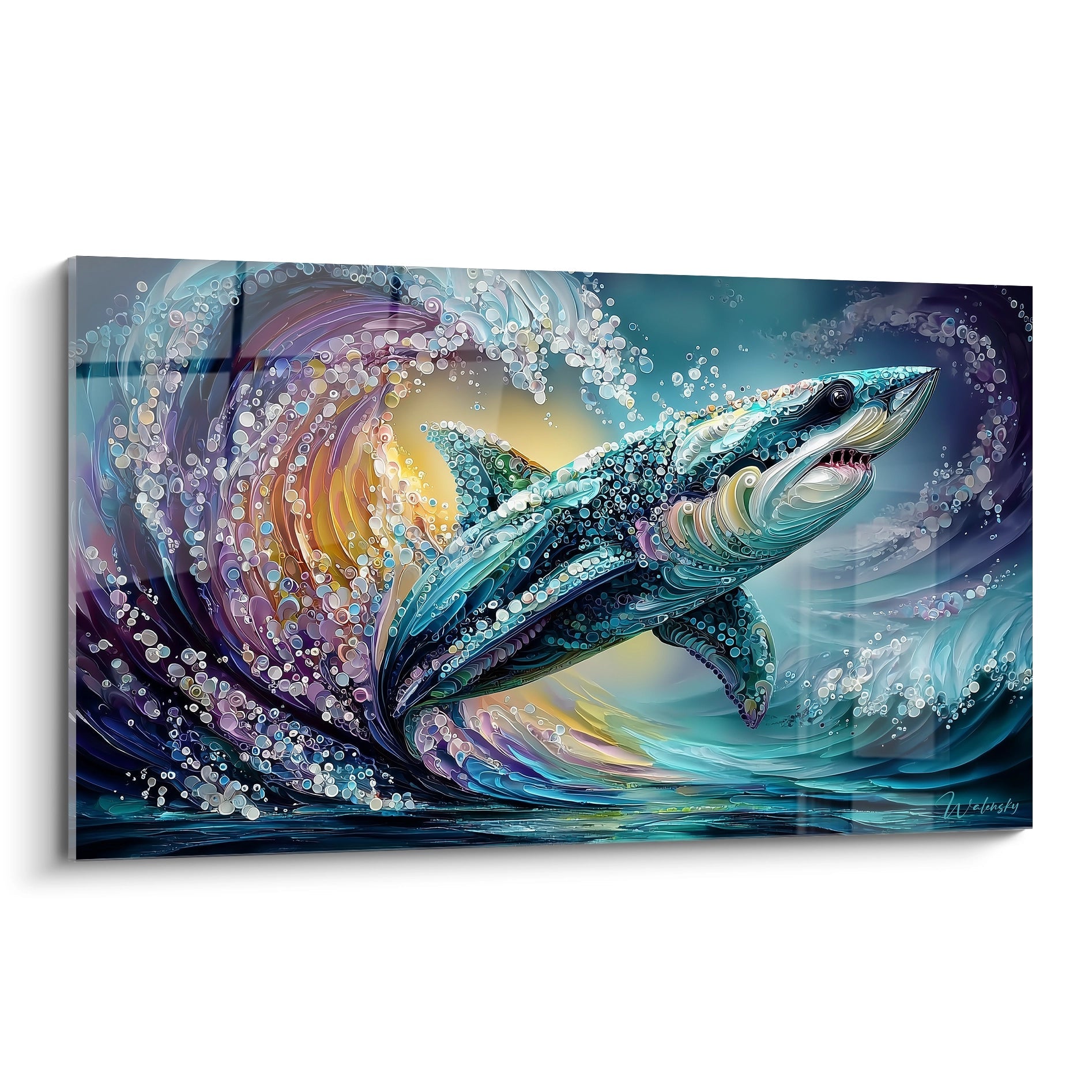 Tableau Mégalodon artistique dans vagues océaniques, art mural marine édition Mégalodon