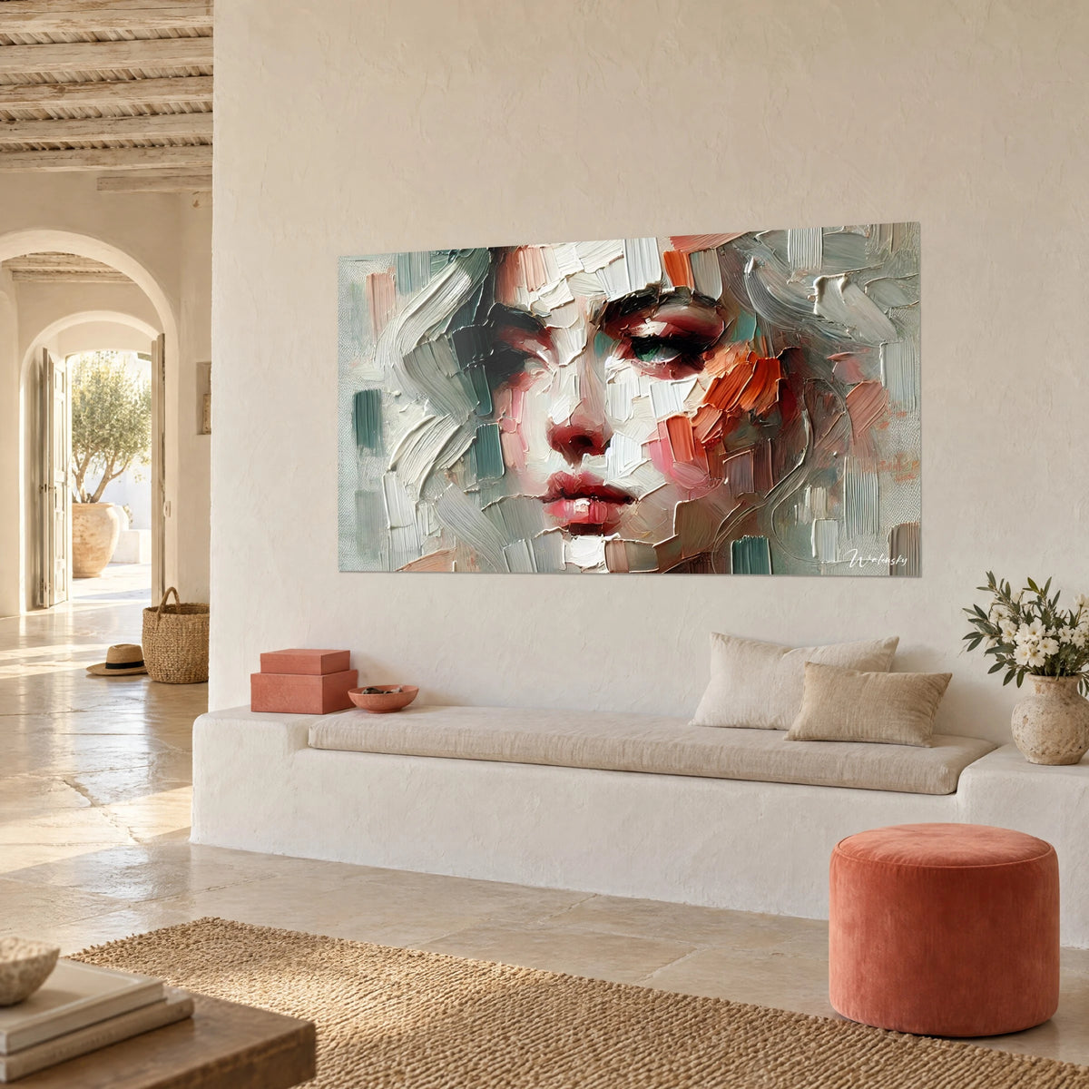 Gemälde weibliches Gesicht in salbeigrünen und blassrosa Pastositäten, karminrote Lippen, Dreiviertelansicht vor einer cremefarbenen Wand mit weißer Sitzbank
