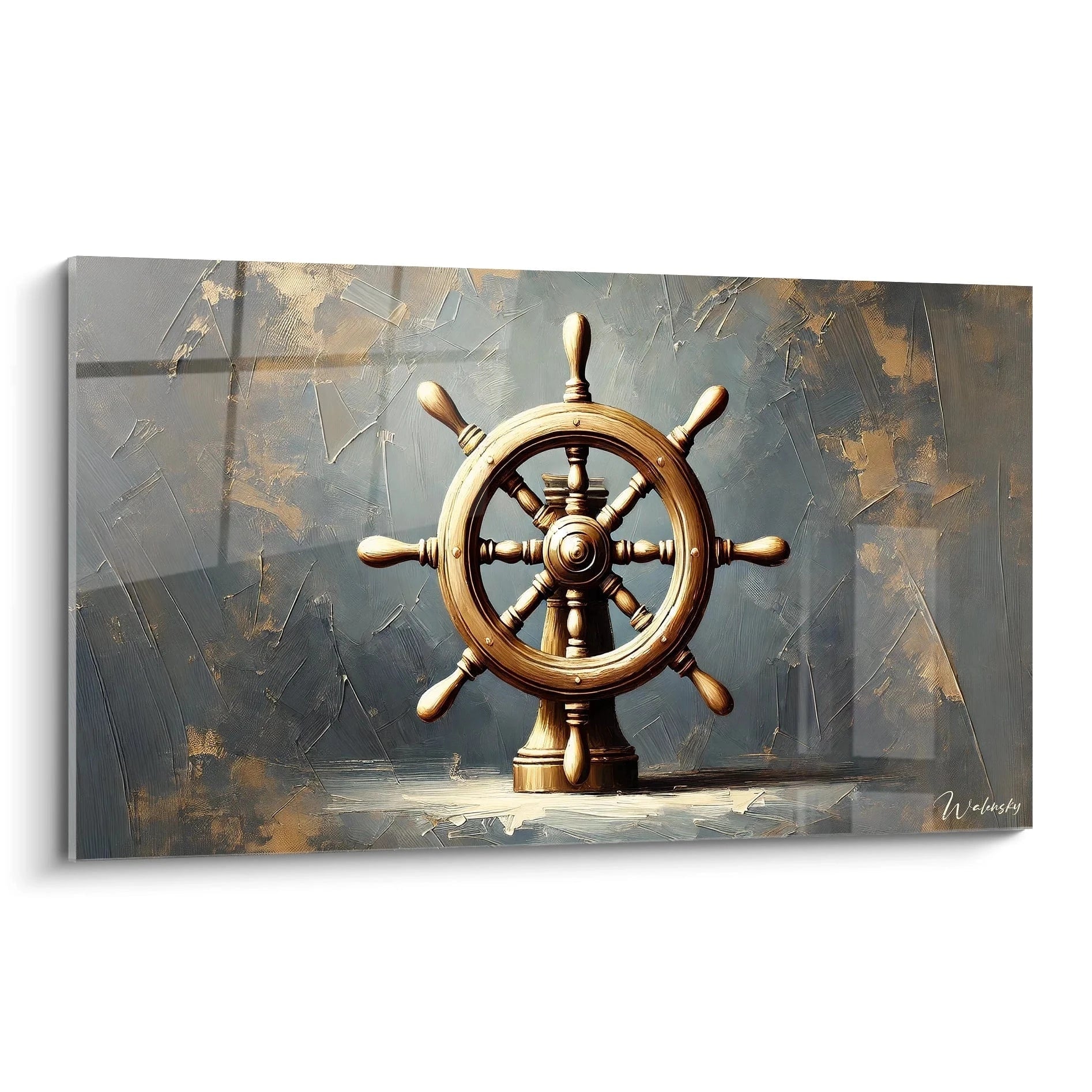 Tableau Marin vu de biais mettant en valeur le gouvernail en bois avec un fond abstrait bleu et or inspire par la mer et l'esprit d'aventure ideale pour une deco audacieuse et elegante