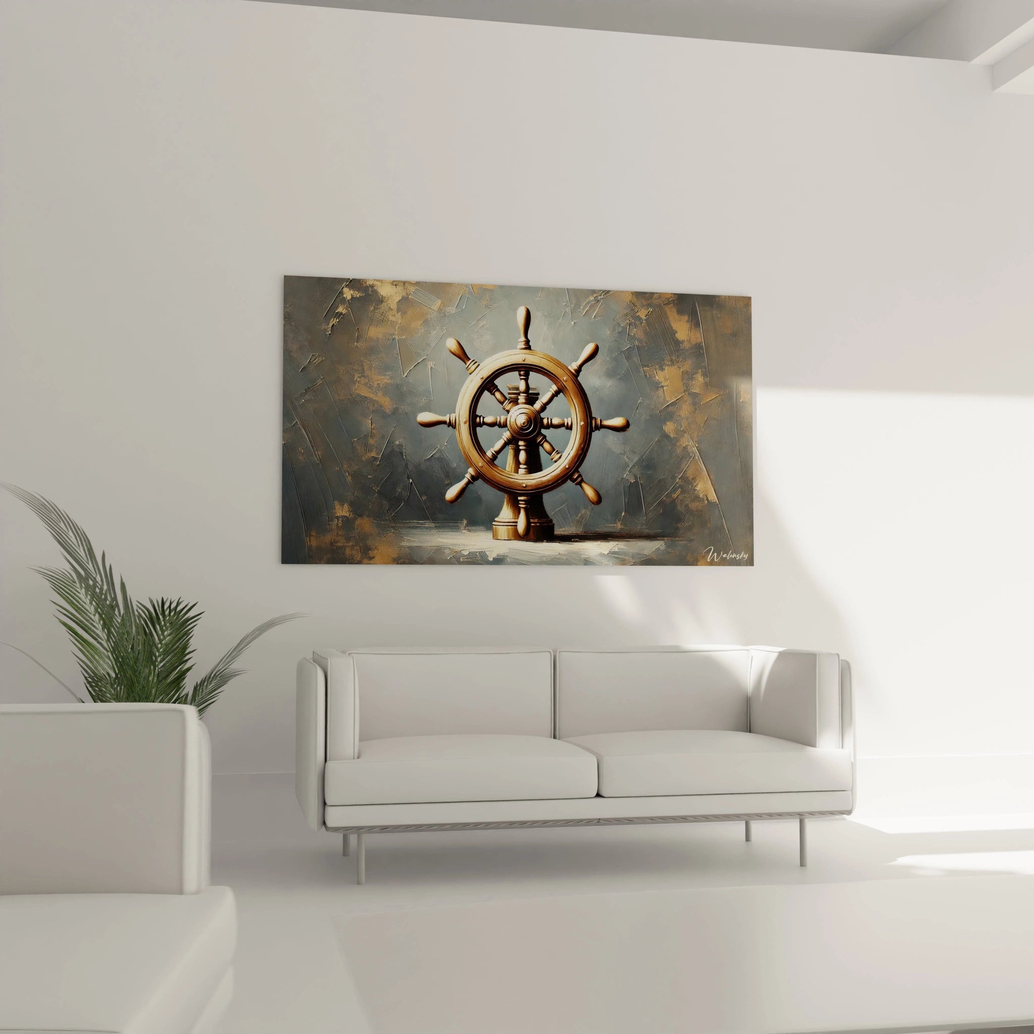 Tableau Marin suspendu au-dessus du canapé dans un salon aux tons maritimes ajoutant une note contemporaine et une profondeur unique grace a ses textures riches et son relief