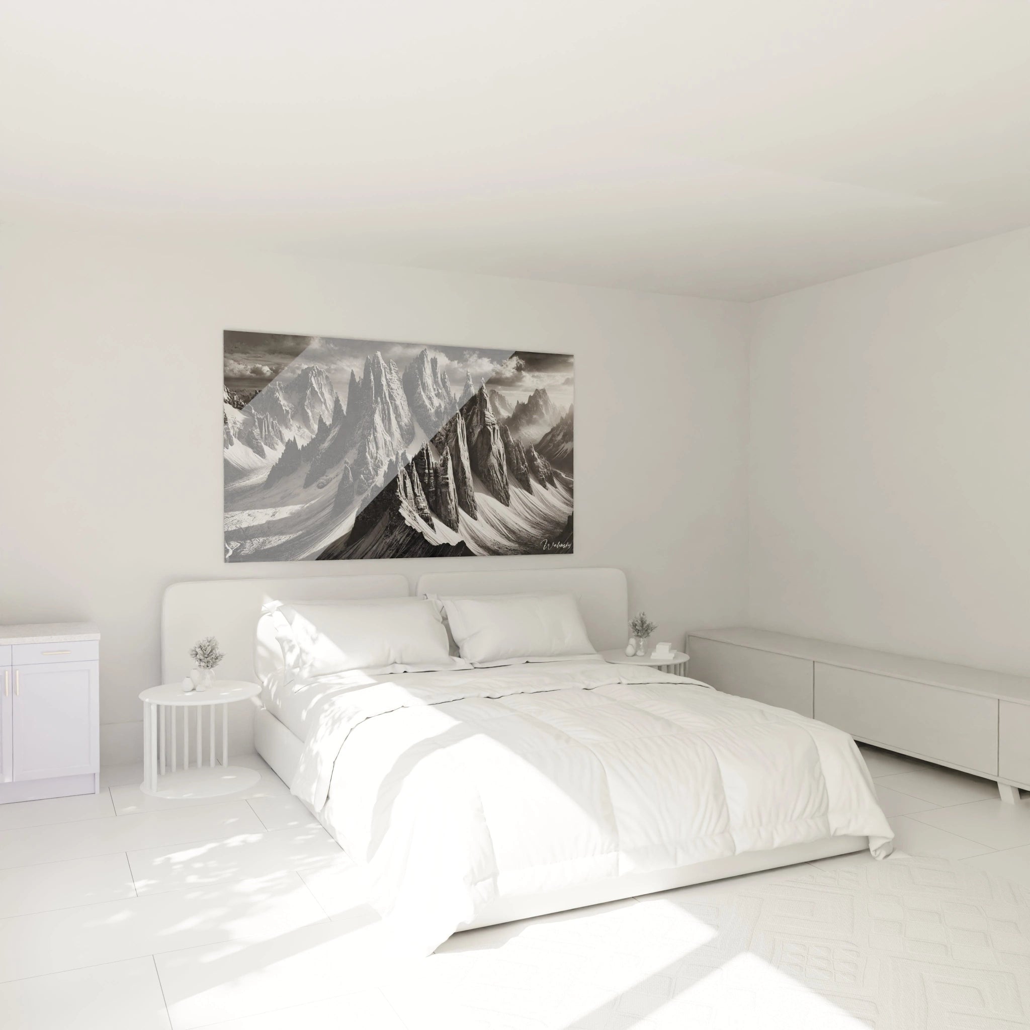 Ce tableau Montagne embellit votre chambre au-dessus du lit, apportant une touche de nature réaliste. Son atmosphère dramatique invite à la contemplation et à l'humilité.