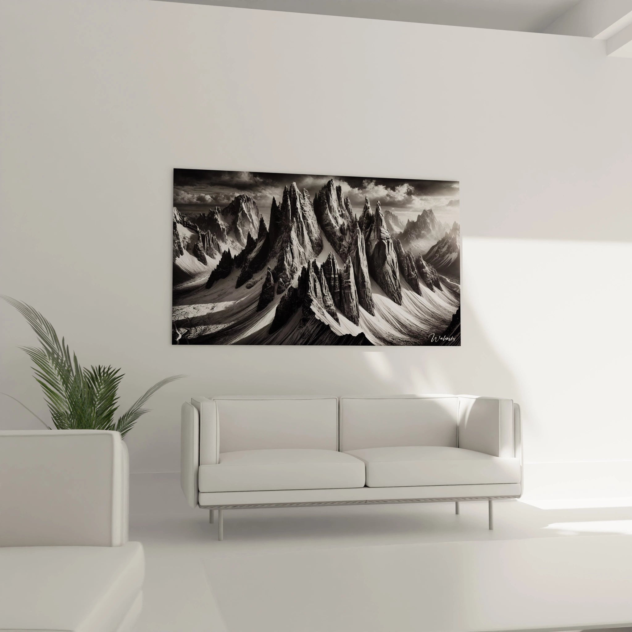 Avec ce tableau Montagne au-dessus du canapé, transformez votre salon en un espace de sérénité. Les contrastes des ombres et lumières créent une ambiance envoûtante.
