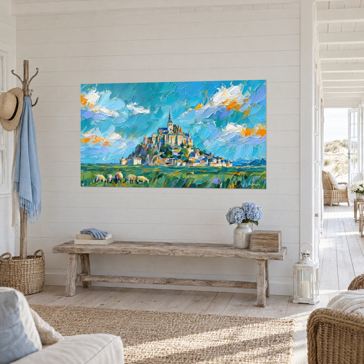 Schilderij van de Mont-Saint-Michel in spatelstreken, turquoise blauwe lucht, groene weide en schapen, entree van een strandhuis