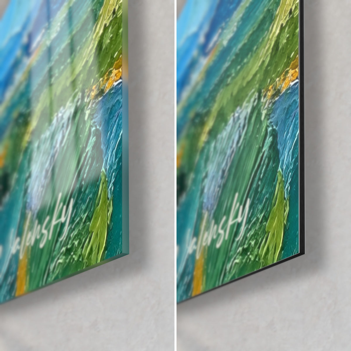 Schilderij van de vestingstad aan zee in dik olieverf, rechtsonder: glanzend glas met reflecties, mat zwart Dibond, rand van 3 mm