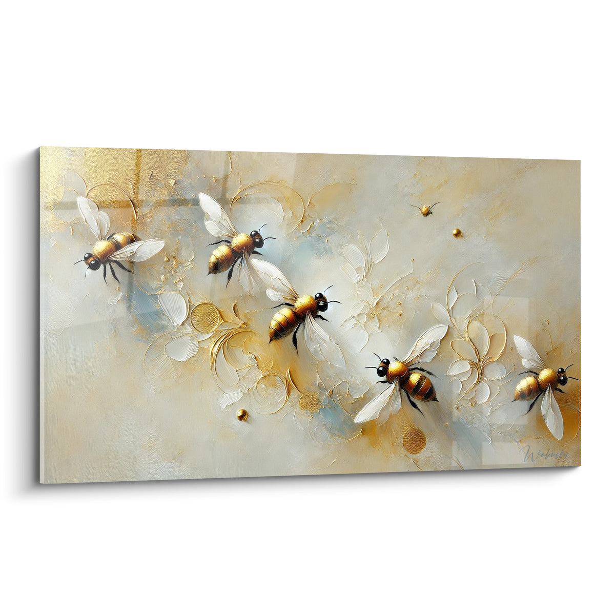 Abeilles dorées aux ailes ivoire volant sur fond texturé ocre et bleu pastel