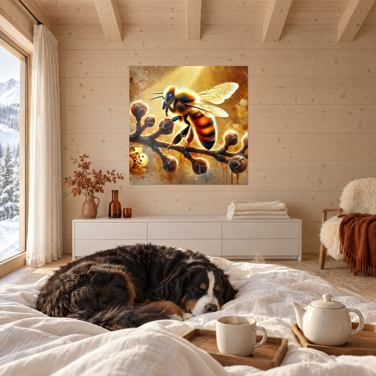 Tableau insecte butineur aux ailes translucides, abdomen orange et noir, rameau de bourgeons bruns, au-dessus d'un lit dans une chambre claire