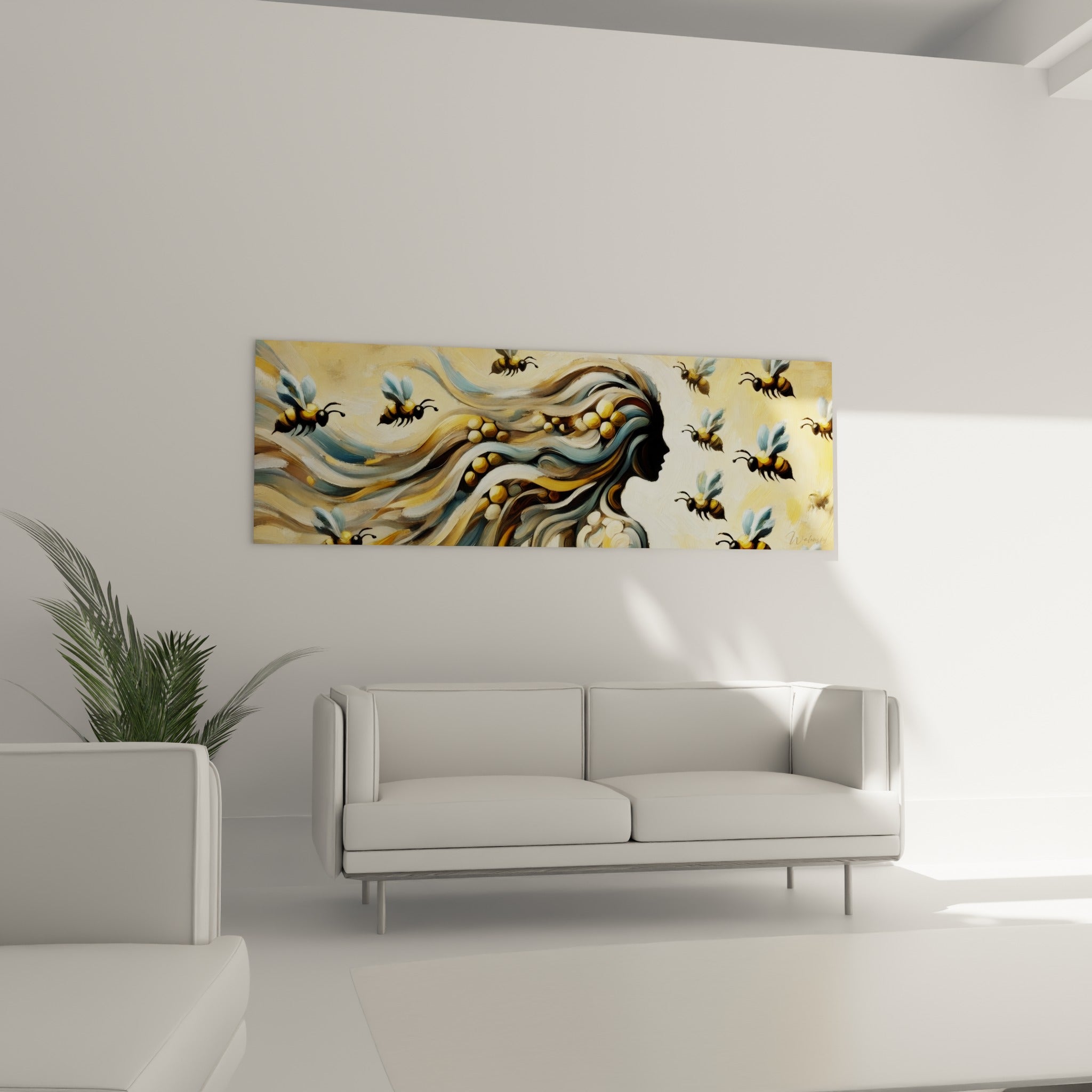 Essaim d'abeilles dorées et noires jaillissant d'une silhouette ocre, au-dessus d'un canapé dans un salon lumineux