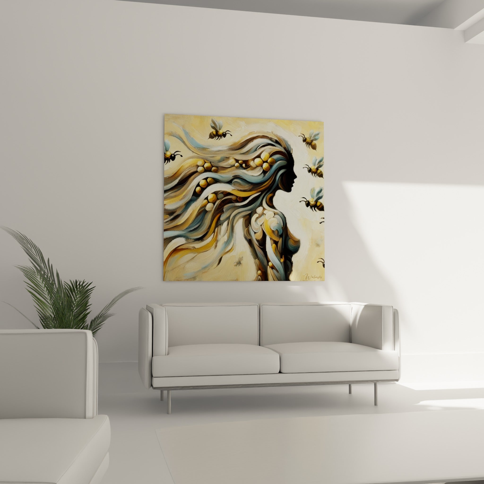 Femme silhouettée aux cheveux miel et bleu pastel au-dessus d'un canapé dans un salon lumineux