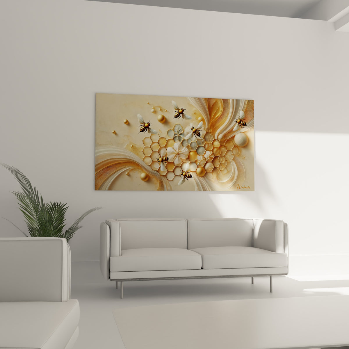 Insectes rayés noir et or virevoltant au-dessus d'un canapé dans un salon lumineux