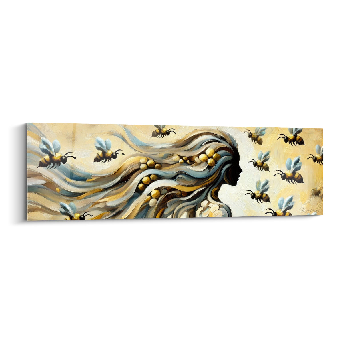 Profil féminin en silhouette avec chevelure ocre et bleu gris se transformant en essaim d'abeilles dorées