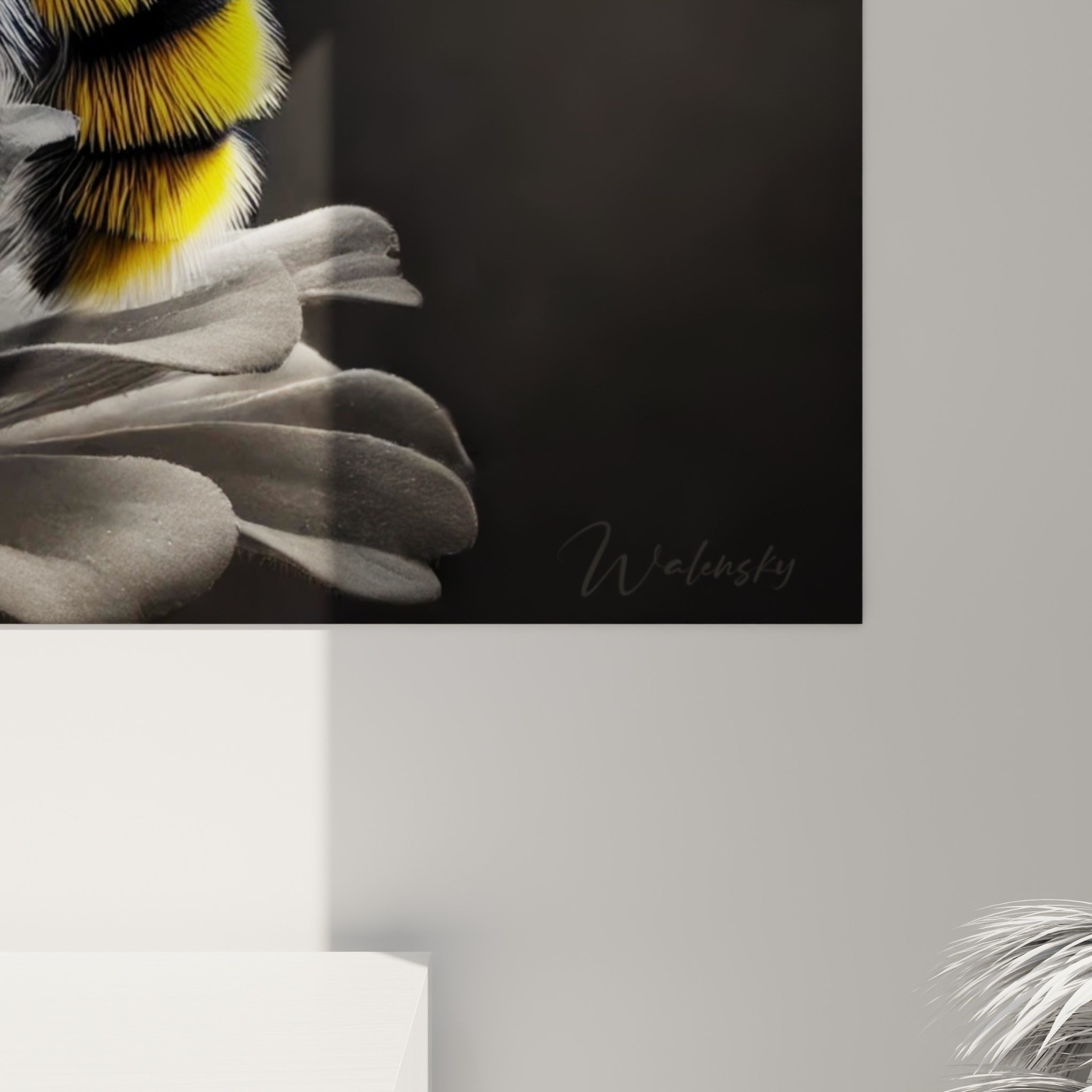 Détail des poils dorés et du grain texturé de l'abeille, rayures noires et jaunes en gros plan