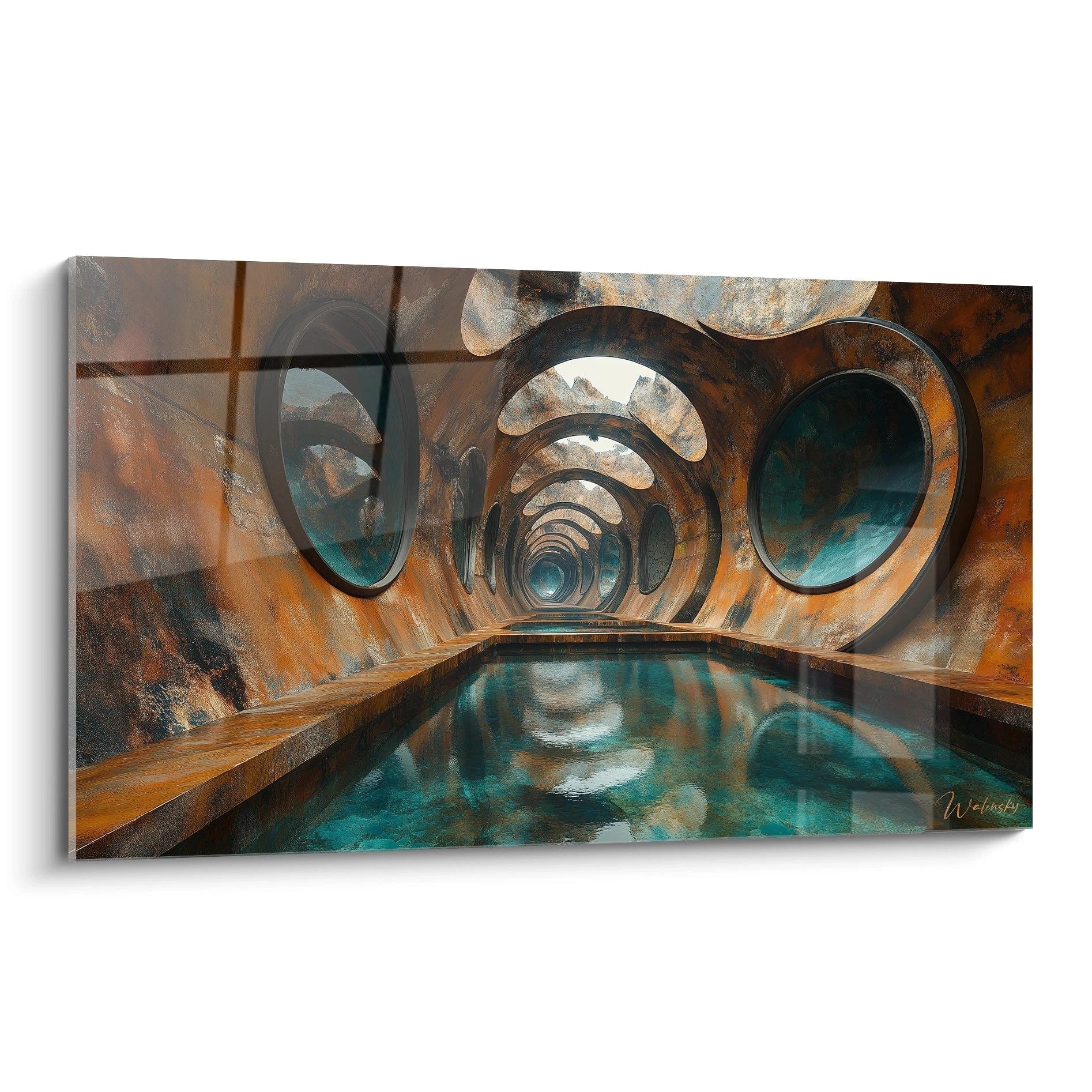 Tableau géométrique abstrait de Walensky avec des formes organiques et des reflets sur l'eau