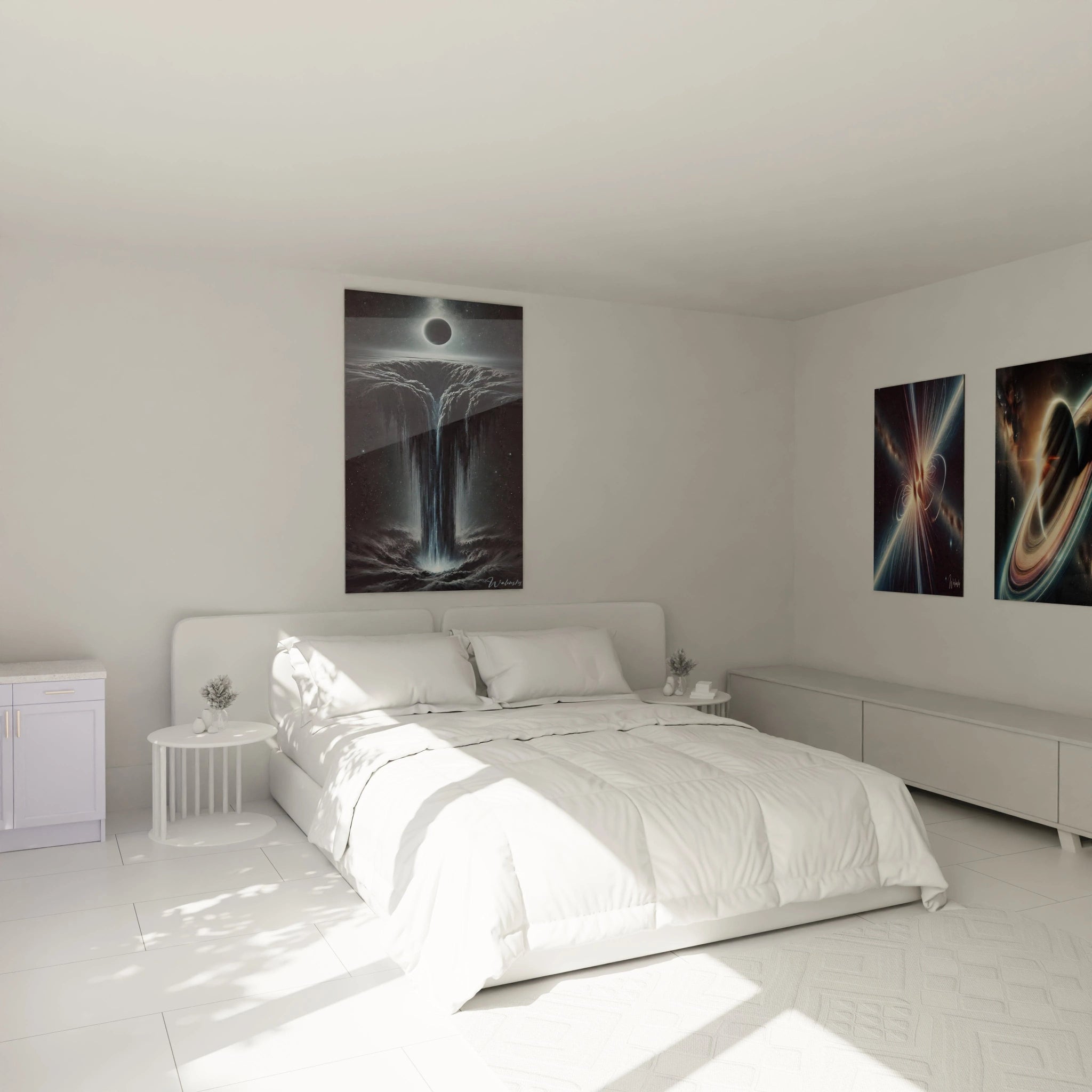 tableau espace au mur dans une chambre calme mystere cree par des couleurs marine argent et noir ideal au dessus du lit cascade lumineuse centrale favorisant reflexion et serenite.