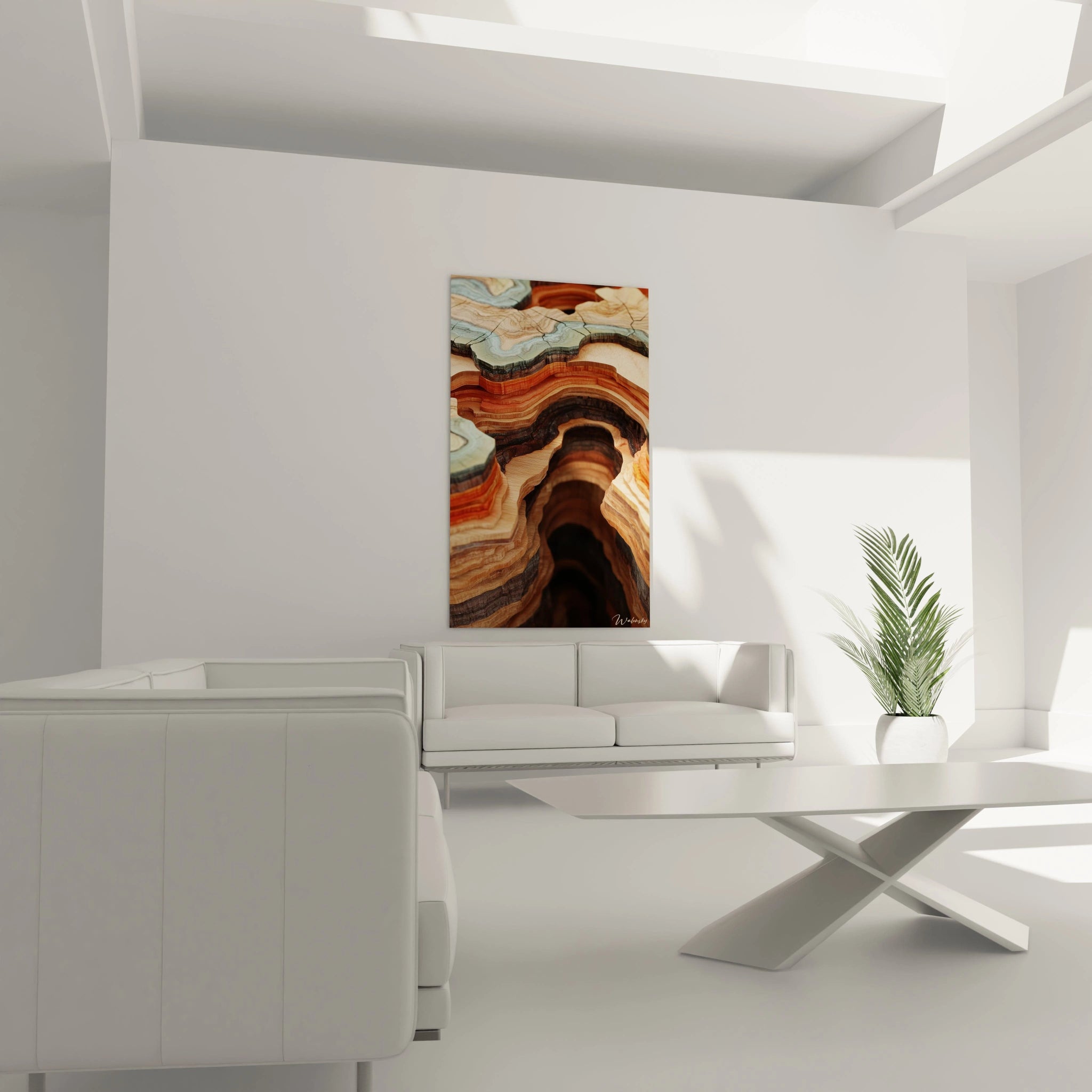 Tableau expressionnisme abstrait de Walensky, couleurs terreuses sur fond neutre, décor moderne