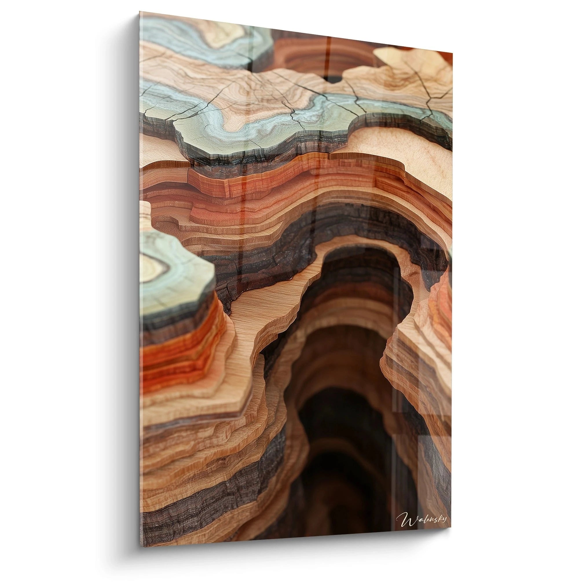 Tableau expressionnisme abstrait de Walensky avec des motifs en bois naturel et des couleurs terreuses