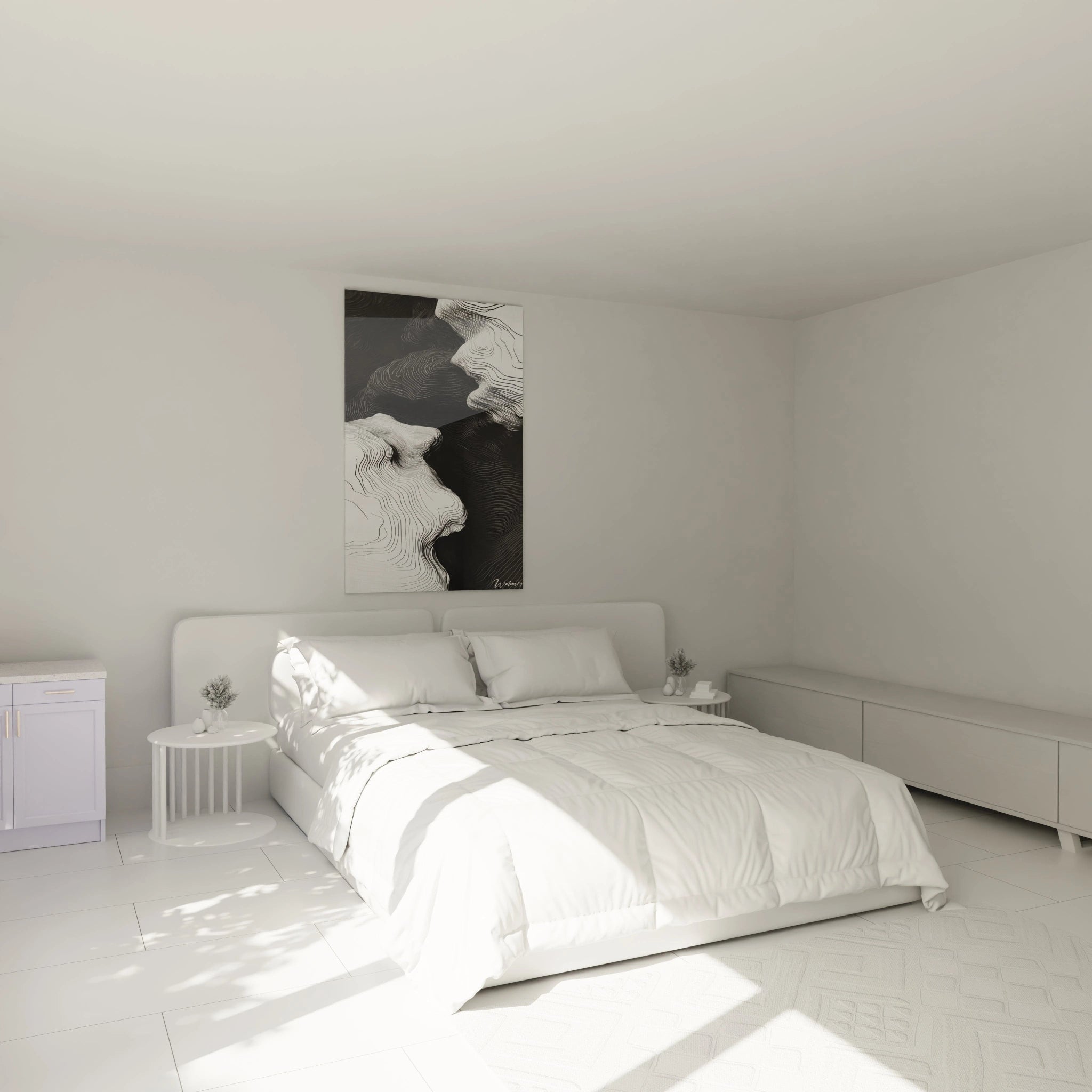 Un tableau rayures noir et blanc aux lignes sinueuses formant des strates superposées. Les ondulations créent un relief visuel saisissant, où les zones blanches émergent des profondeurs noires comme des formations géologiques abstraites, avec une texture visuelle raffinée et hypnotique.