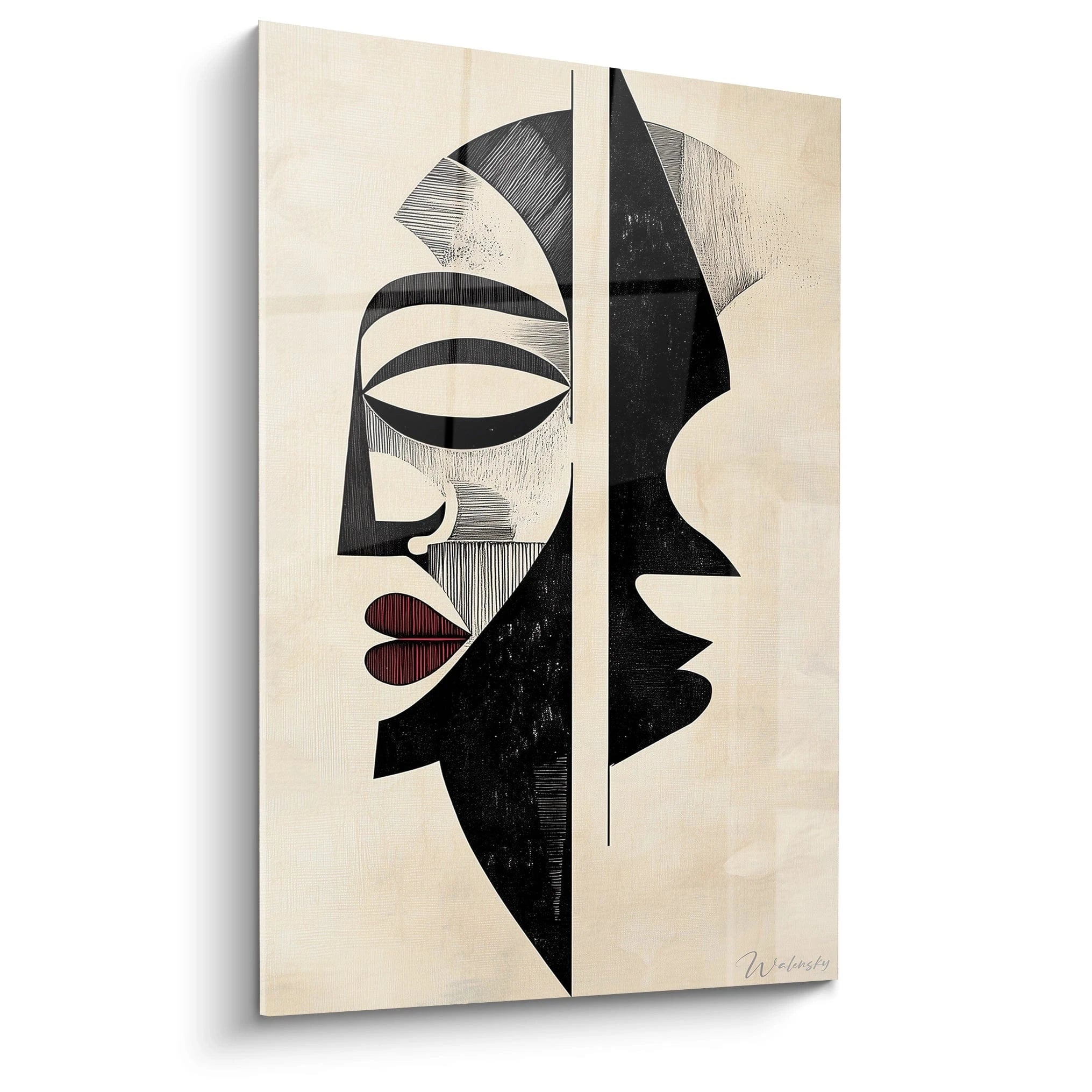 Tableau africain mural Walensky avec design abstrait de visages en noir blanc et rouge