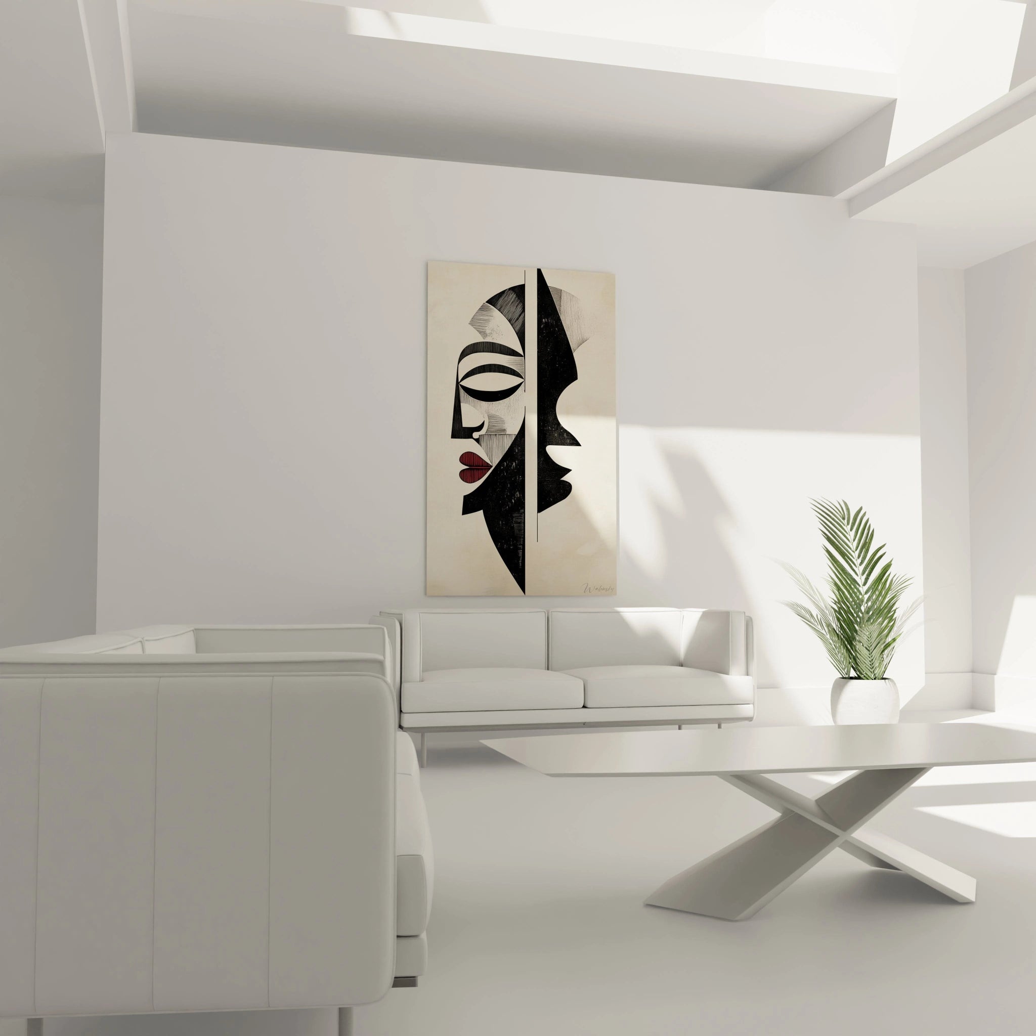 Tableau africain mural artistique en noir et blanc avec accents rouges dans un salon moderne Walensky