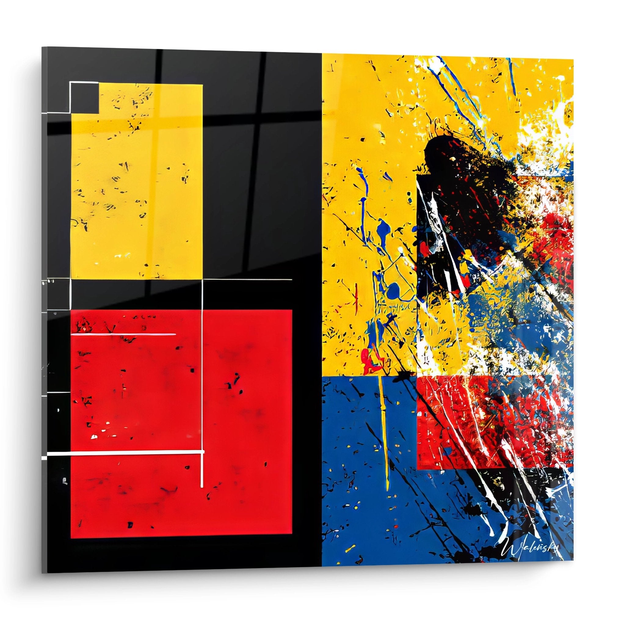 Tableau abstraction géométrique colorée style Mondrian avec éclaboussures expressionnistes multicolores
