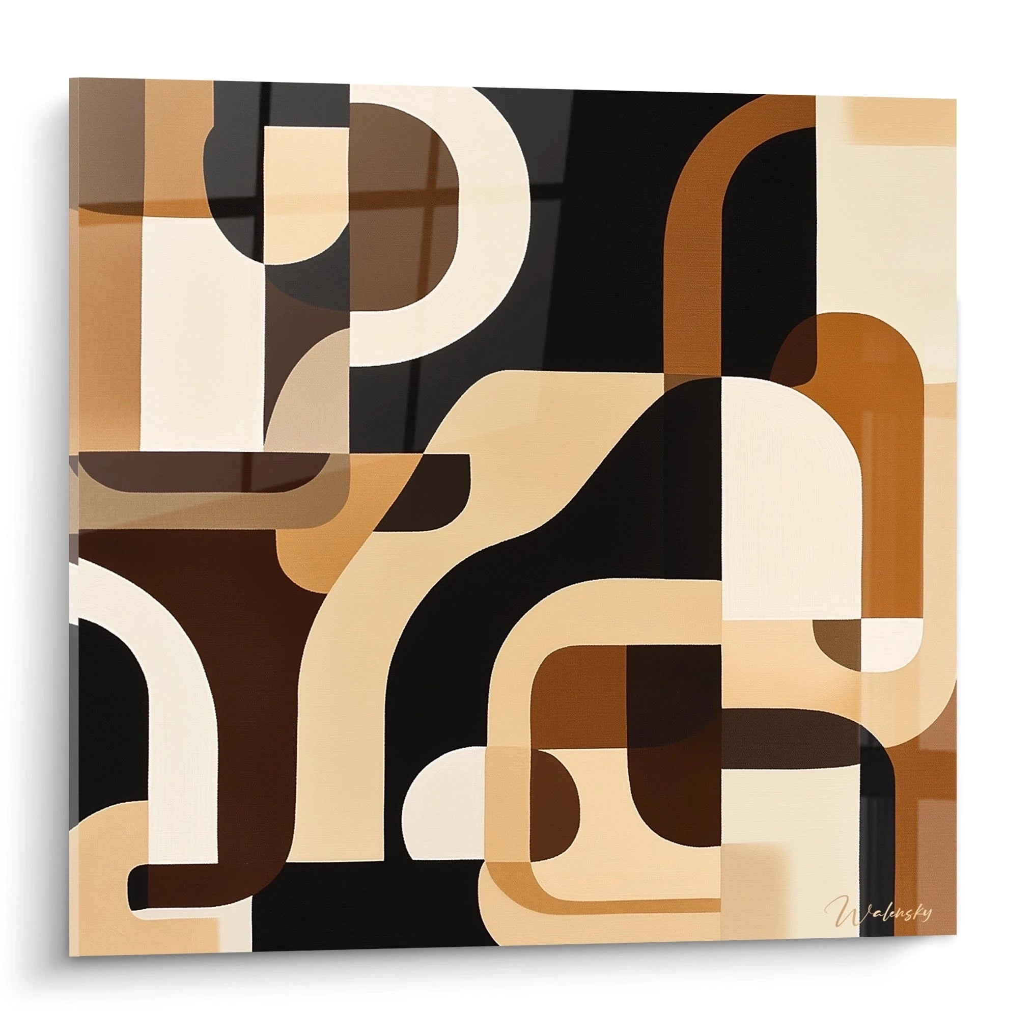 Tableau africain mural abstrait aux formes géométriques en nuances de marron beige et noir de Walensky