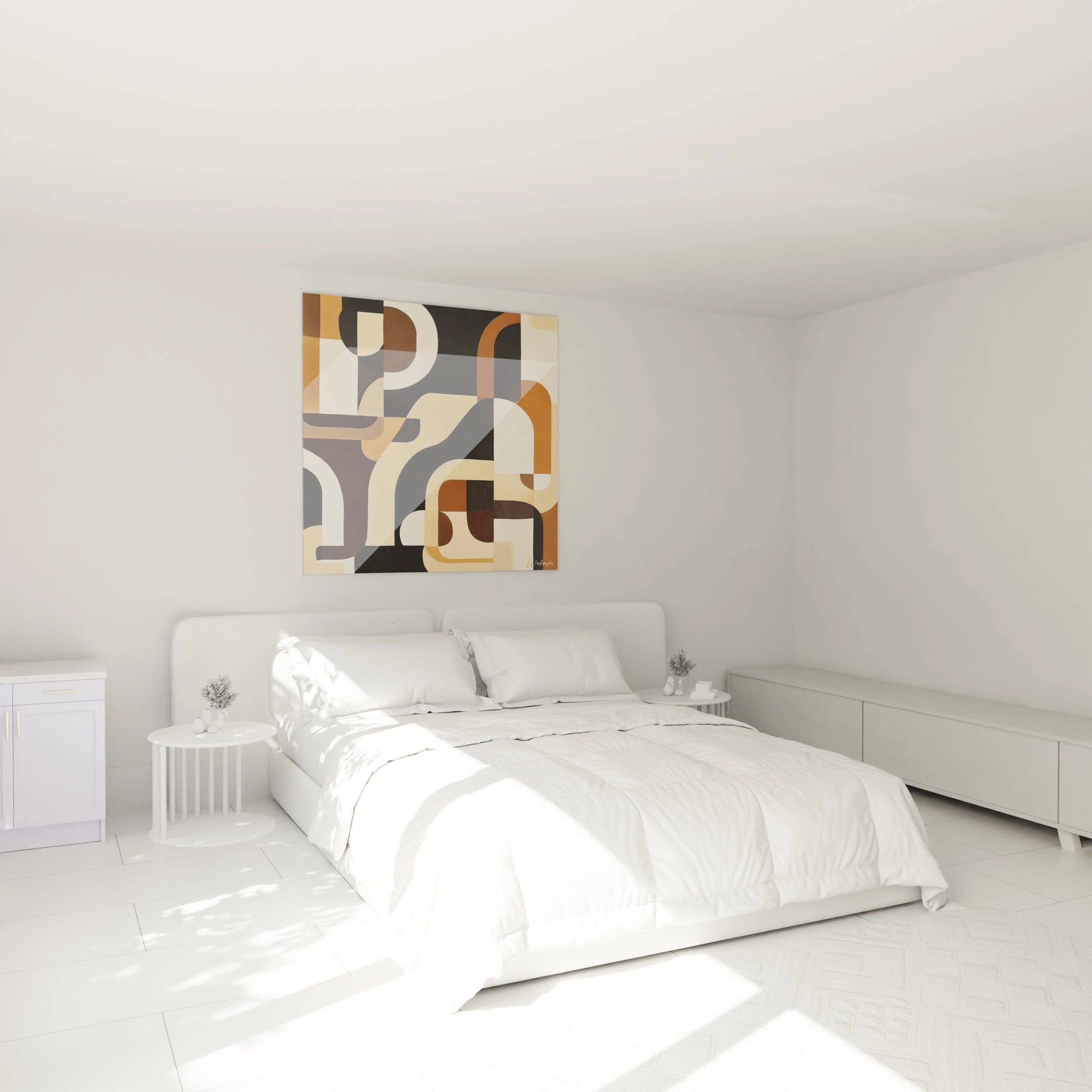 Tableau africain mural abstrait aux motifs géométriques en tons beiges et marron dans chambre moderne