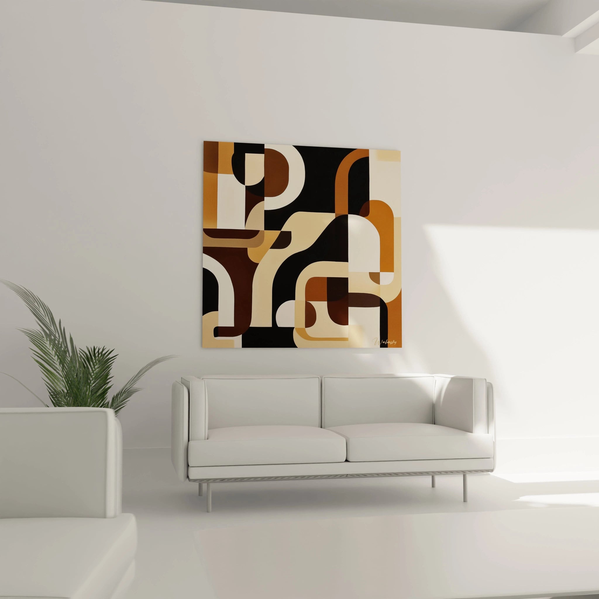 Tableau africain mural abstrait aux formes géométriques noires, marron et beige signé Walensky dans un salon moderne