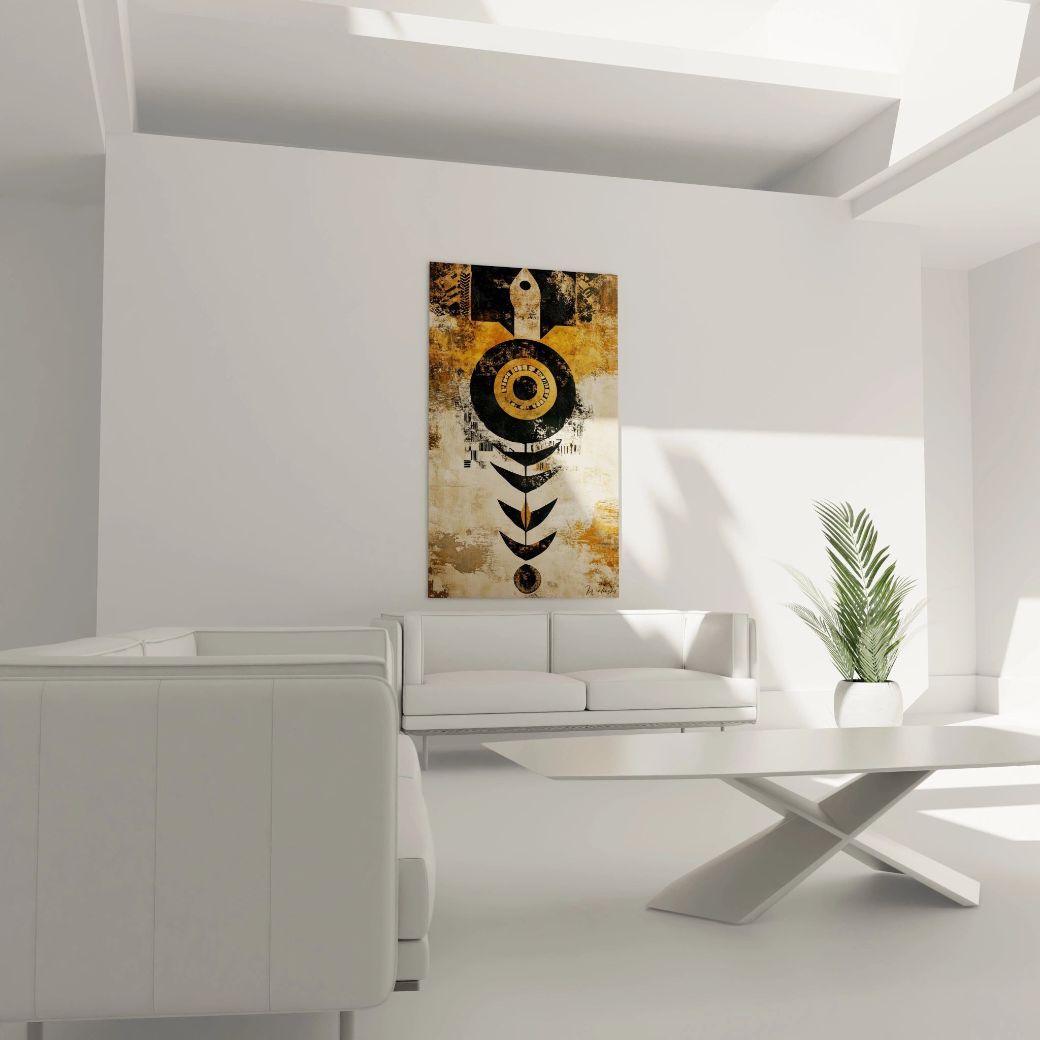 Tableau africain mural abstrait Walensky avec motifs noirs et dorés dans un salon moderne