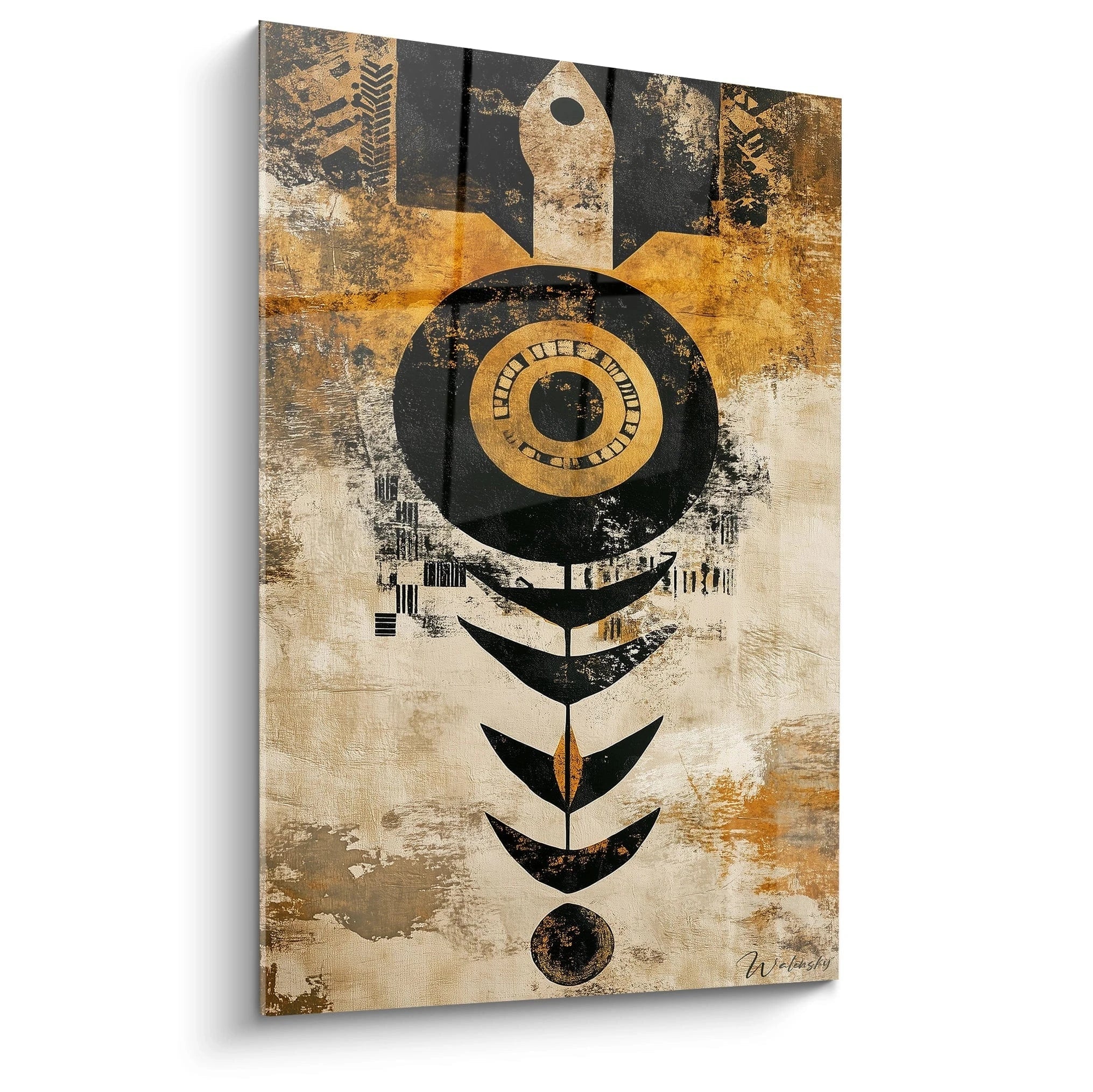 Tableau africain mural Walensky avec motif abstrait en noir et ocre sur fond beige