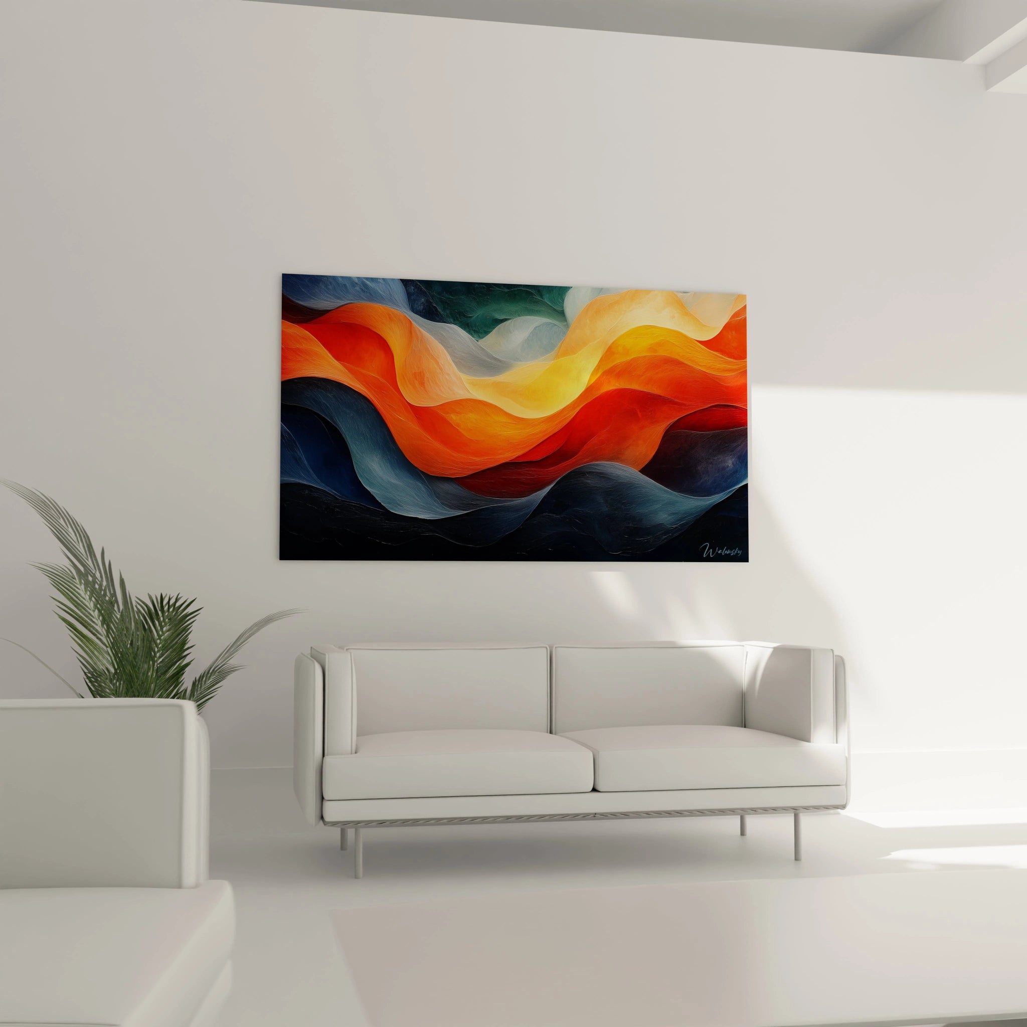 Tableau africain mural Walensky avec motifs colorés abstraits accroché au-dessus d'un canapé blanc moderne