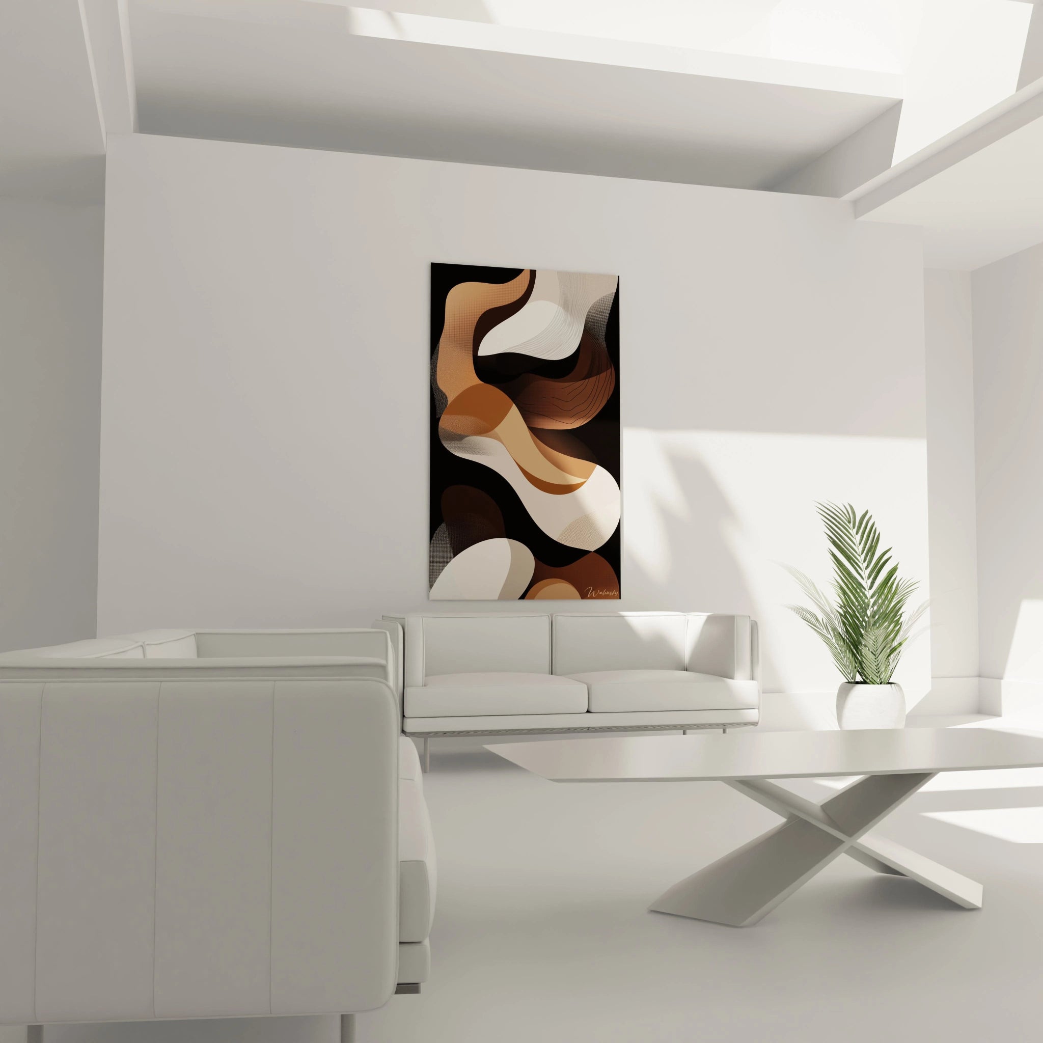 Tableau africain mural abstrait aux formes ondulées marron et beige dans un salon moderne blanc