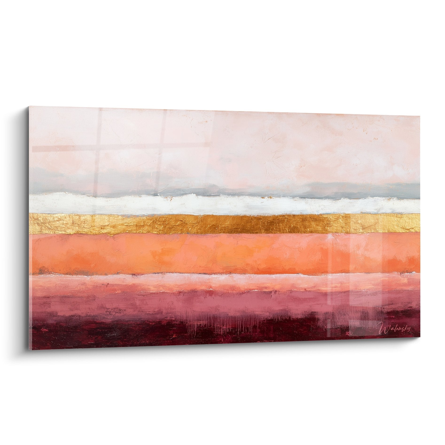 Abstraktes Gemälde horizontale Streifen rosa Koralle Gold Bordeaux moderner Feng-Shui-Stil Südwesten Erde