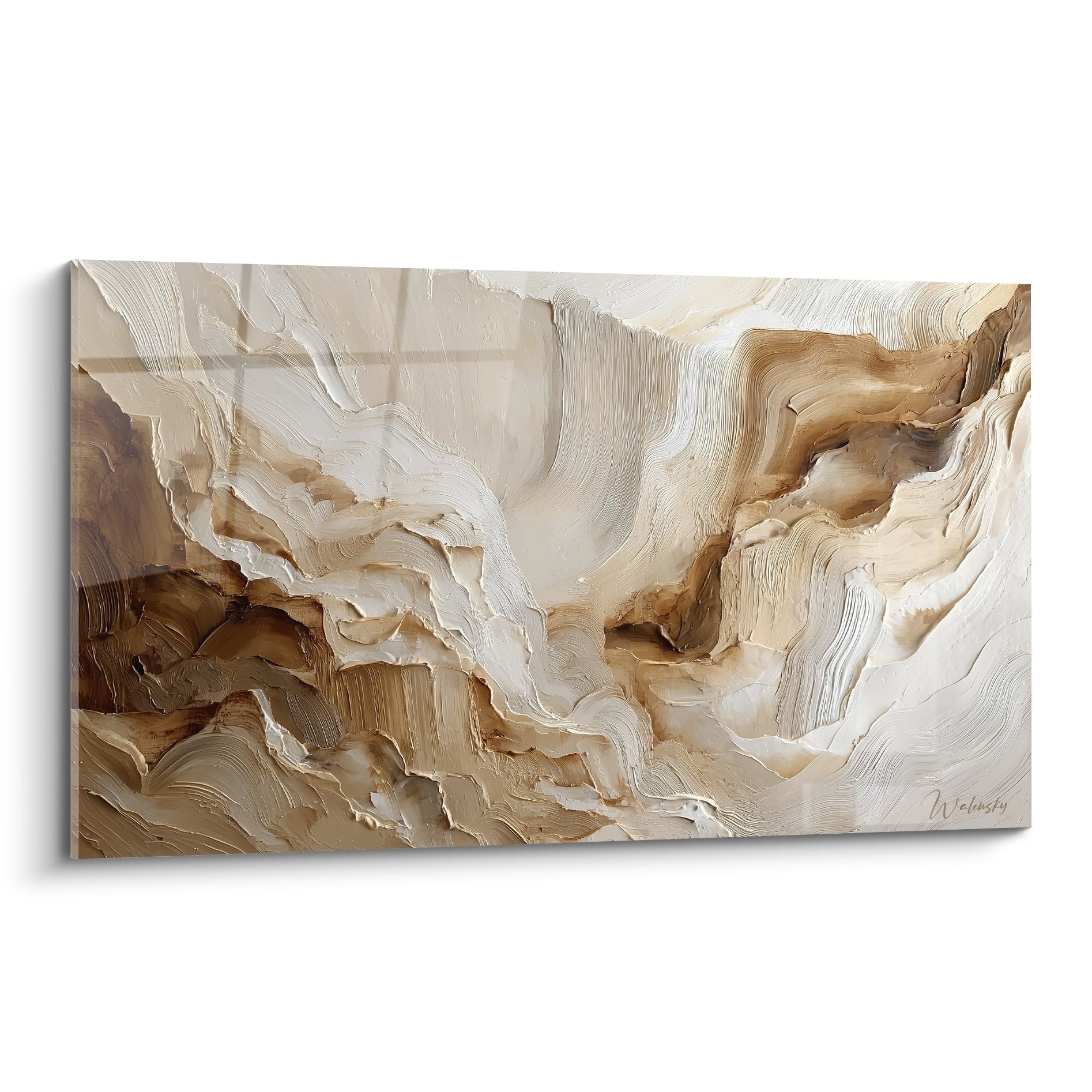 Abstraktes beige-weißes Gemälde mit dicken Reliefs, die geologische Formationen suggerieren - Feng Shui Erdmitte