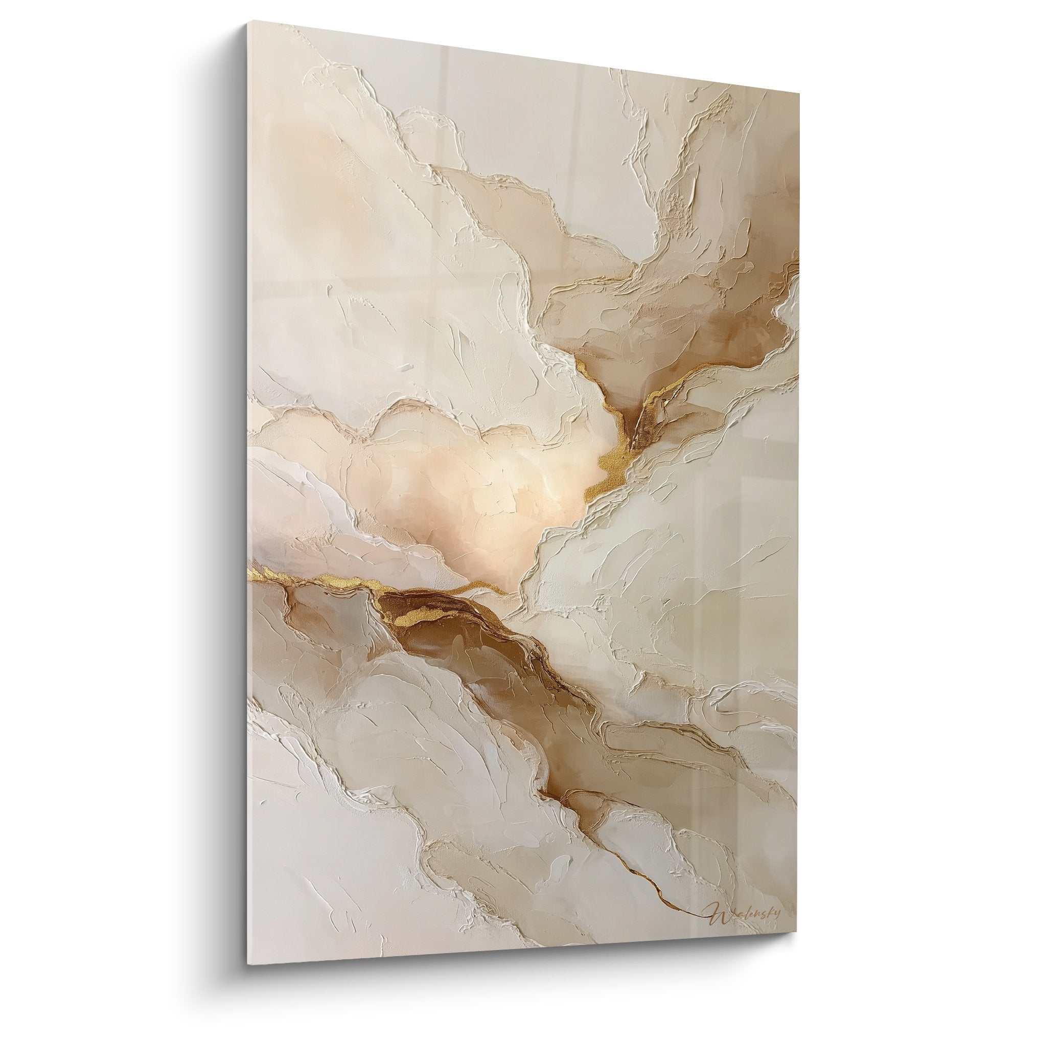 Tableau abstrait aux tons beiges et dorés évoquant formations géologiques - Art feng shui centre terre
