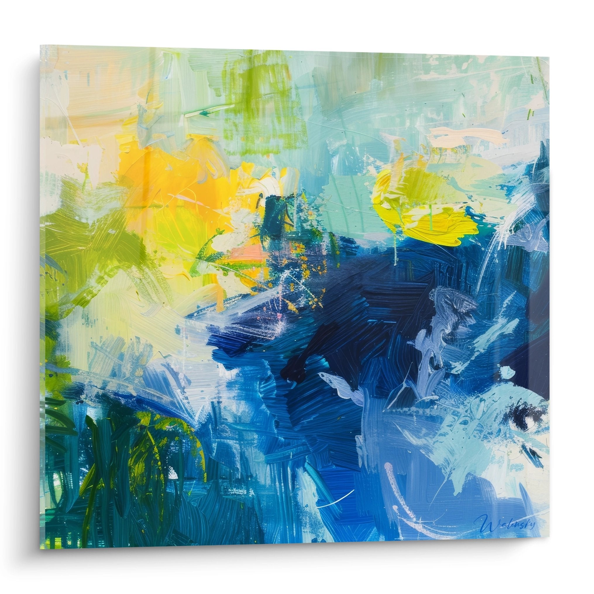 Tableau abstrait expressionniste bleu et jaune pour décoration murale moderne