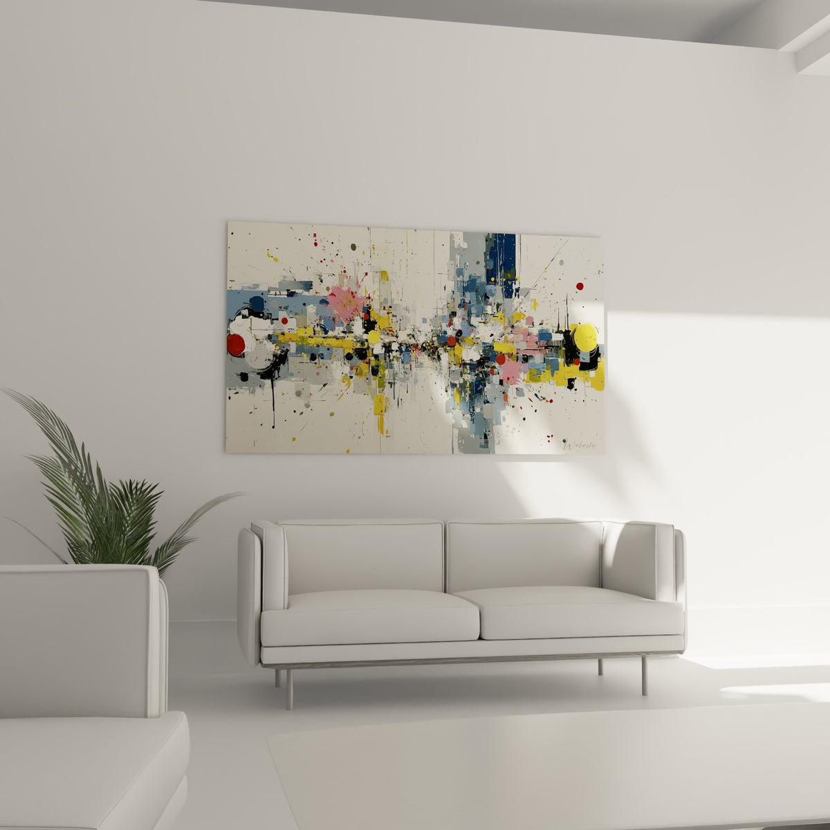 Bande colorée jaune ocre et bleu marine surplombant un canapé dans un salon lumineux