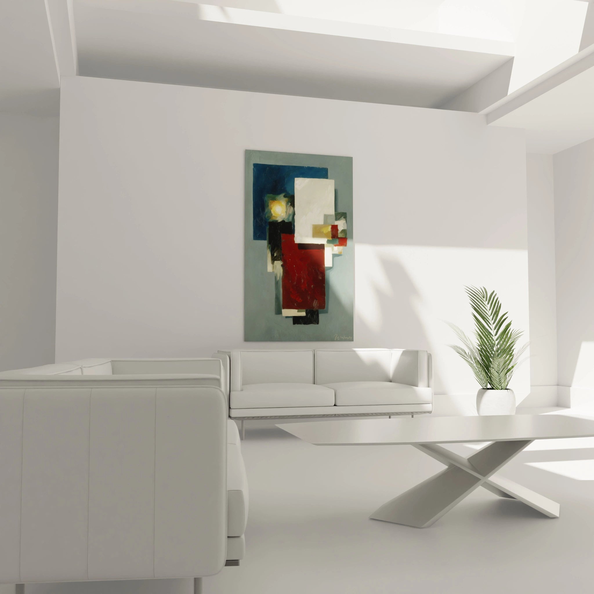 Tableau mural Walensky tableau abstrait blocs insurgés accroché au dessus de canapé blanc minimaliste avec table basse et plante