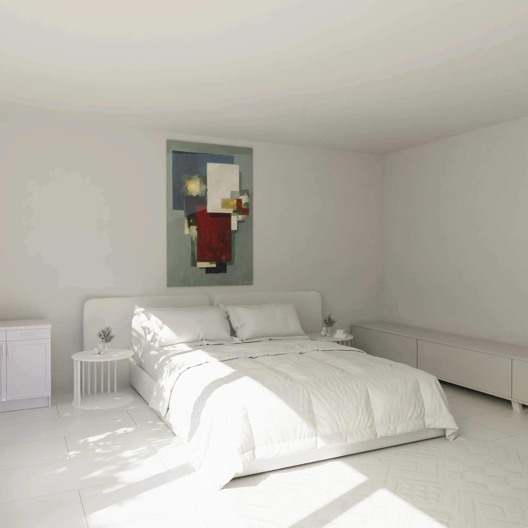 Tableau mural Walensky au dessus d un lit blanc dans une chambre minimaliste avec tableau abstrait blocs insurgés