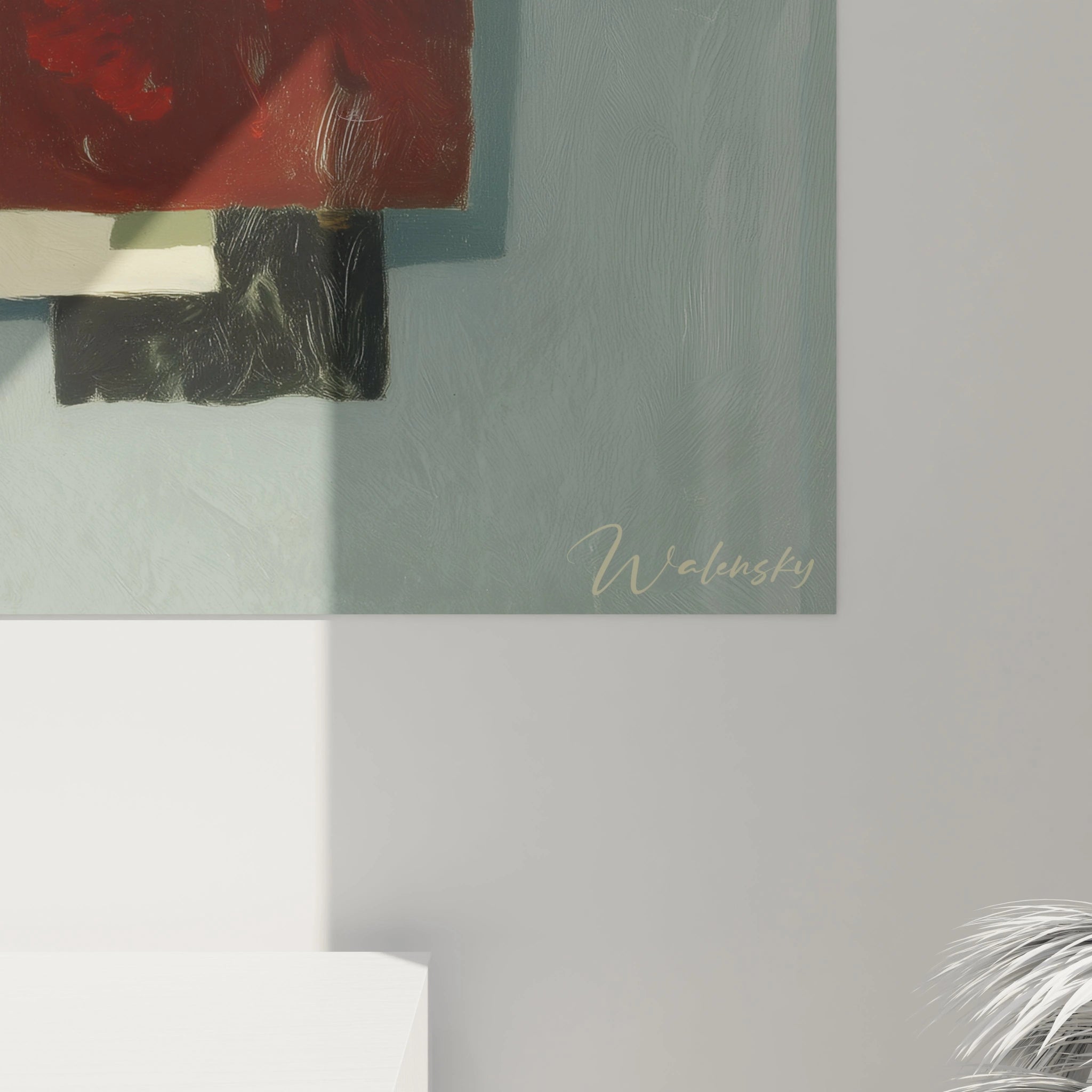 tableau abstrait blocs insurgés Walensky montrant blocs peints rouges noirs et crème sur fond vert texturé