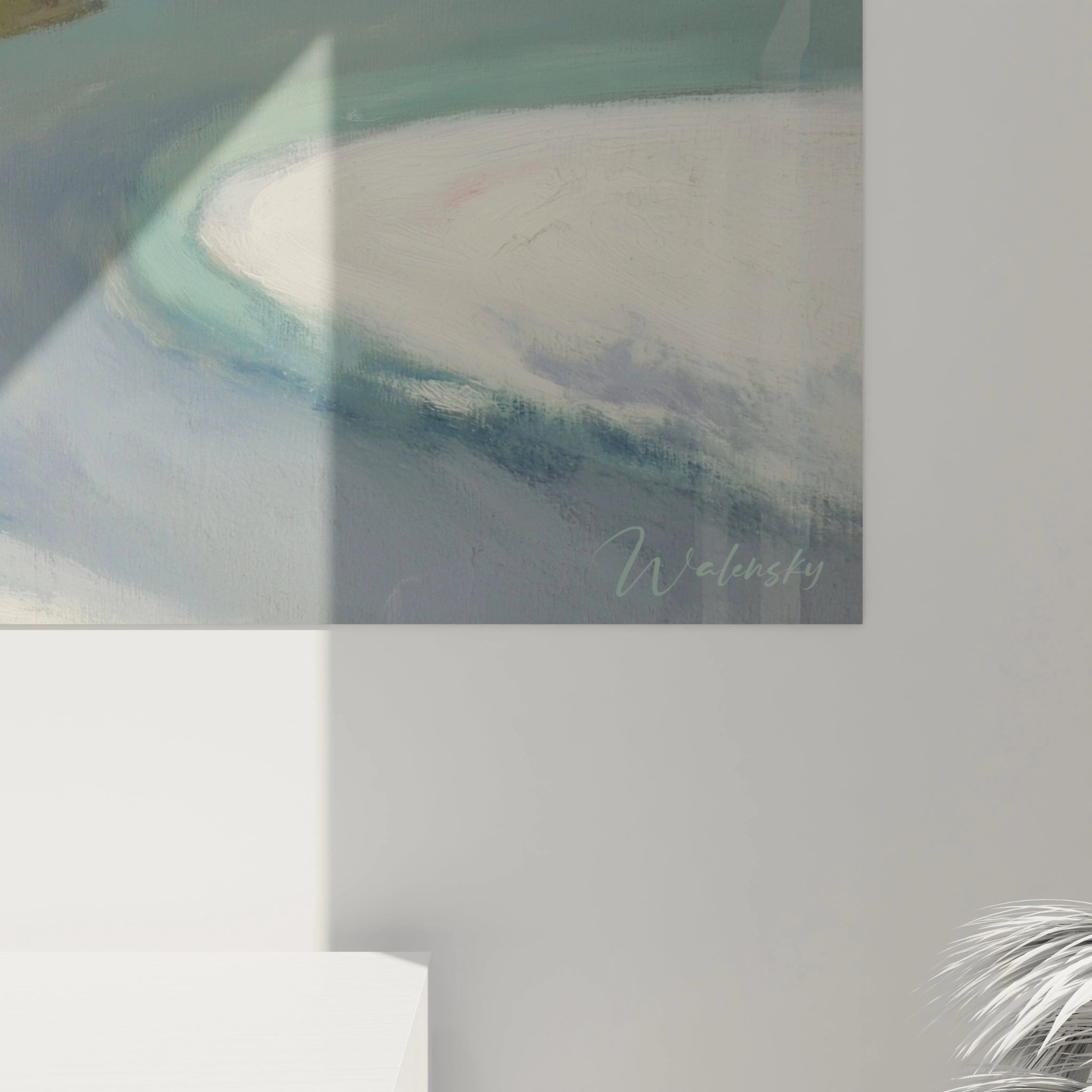 Tableau mural peinture abstraite aux tons bleu vert et blanc signé Walensky, texture douce, tableau abstrait dadaïsme