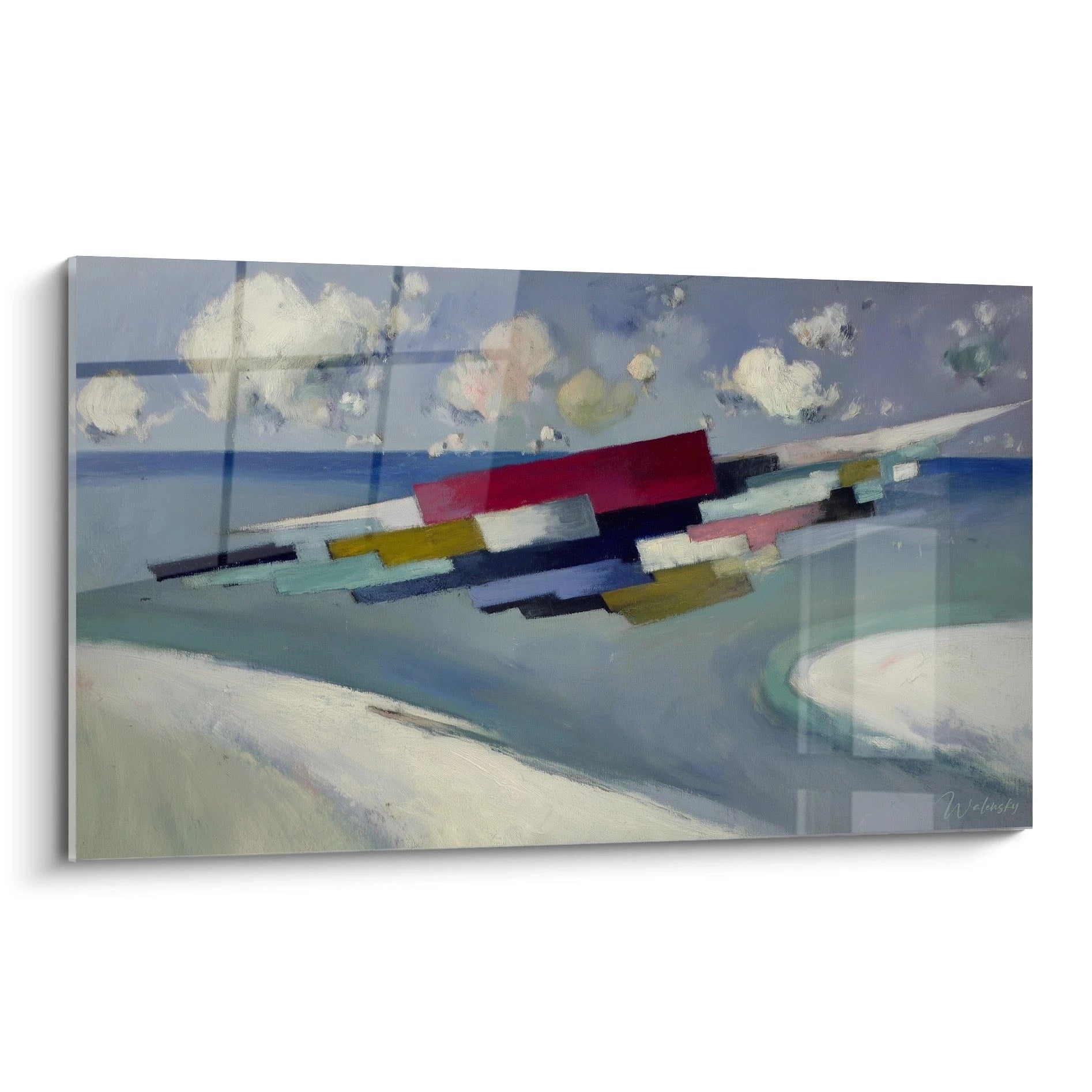 Tableau mural Walensky représentant paysage marin stylisé avec blocs géométriques colorés et nuages tableau abstrait dadaïsme