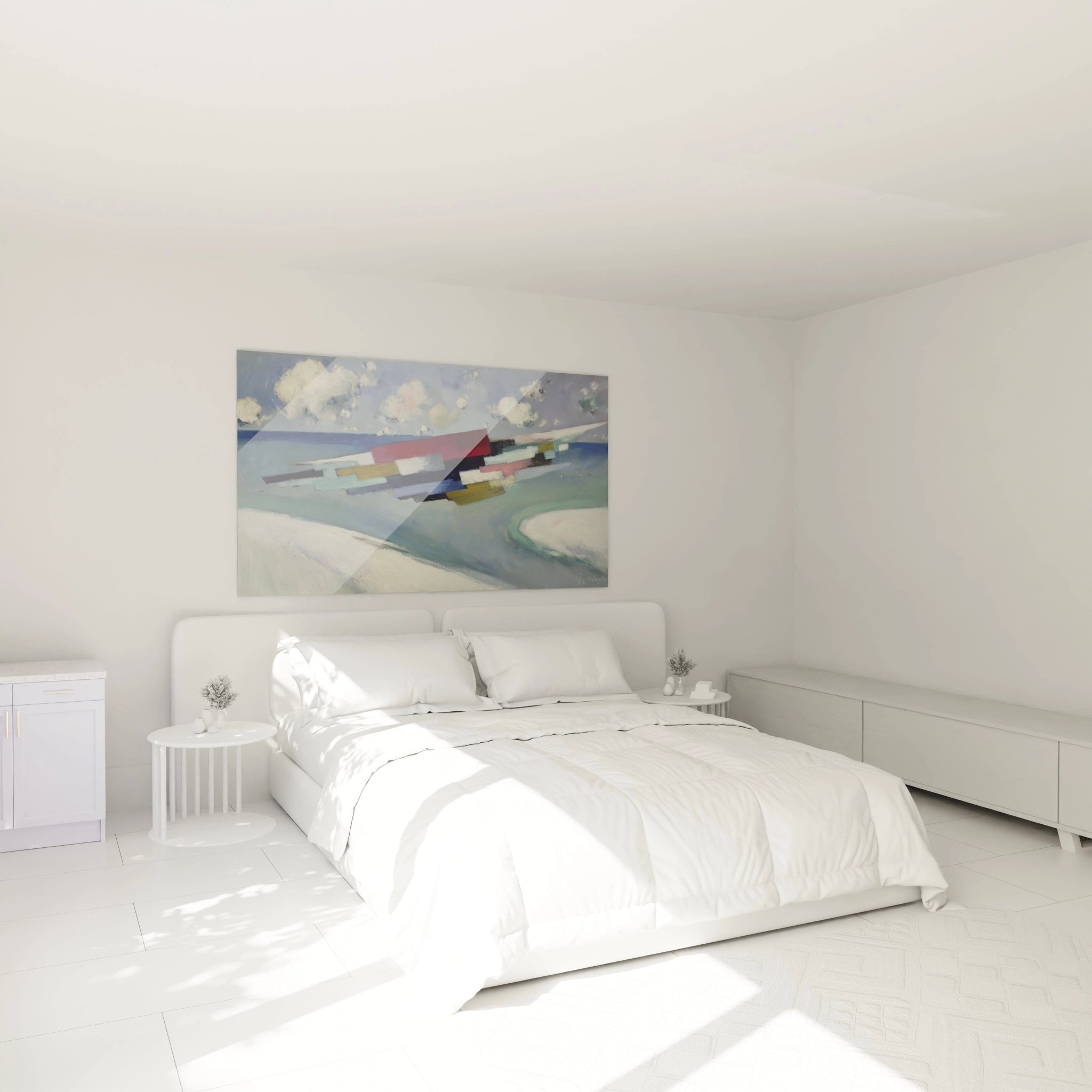 Chambre minimaliste lumineuse avec grand tableau mural Walensky au dessus du lit blanc, tableau abstrait dadaïsme