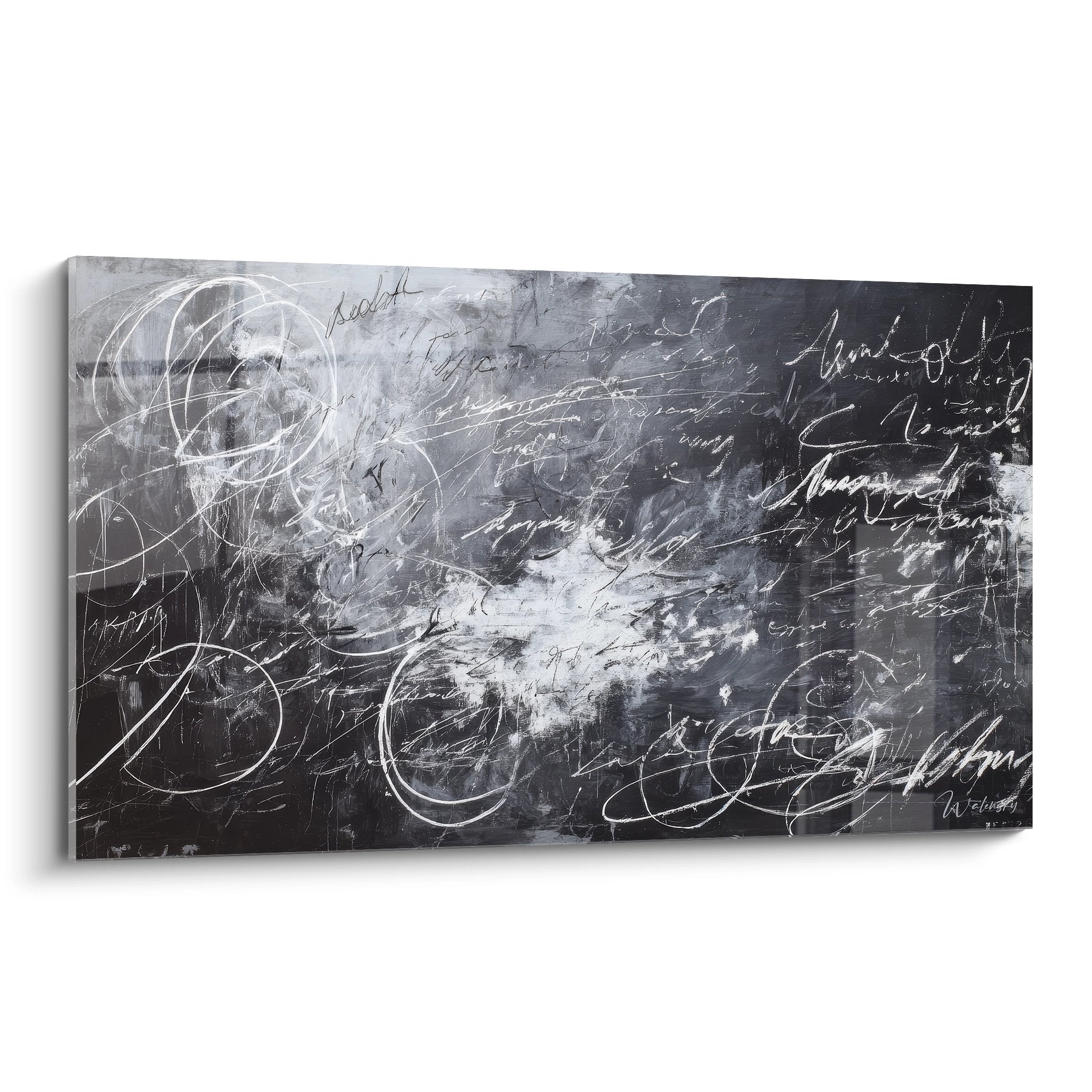Tableau abstrait calligraphie moderne gris et blanc avec écritures cursives et formes géométriques