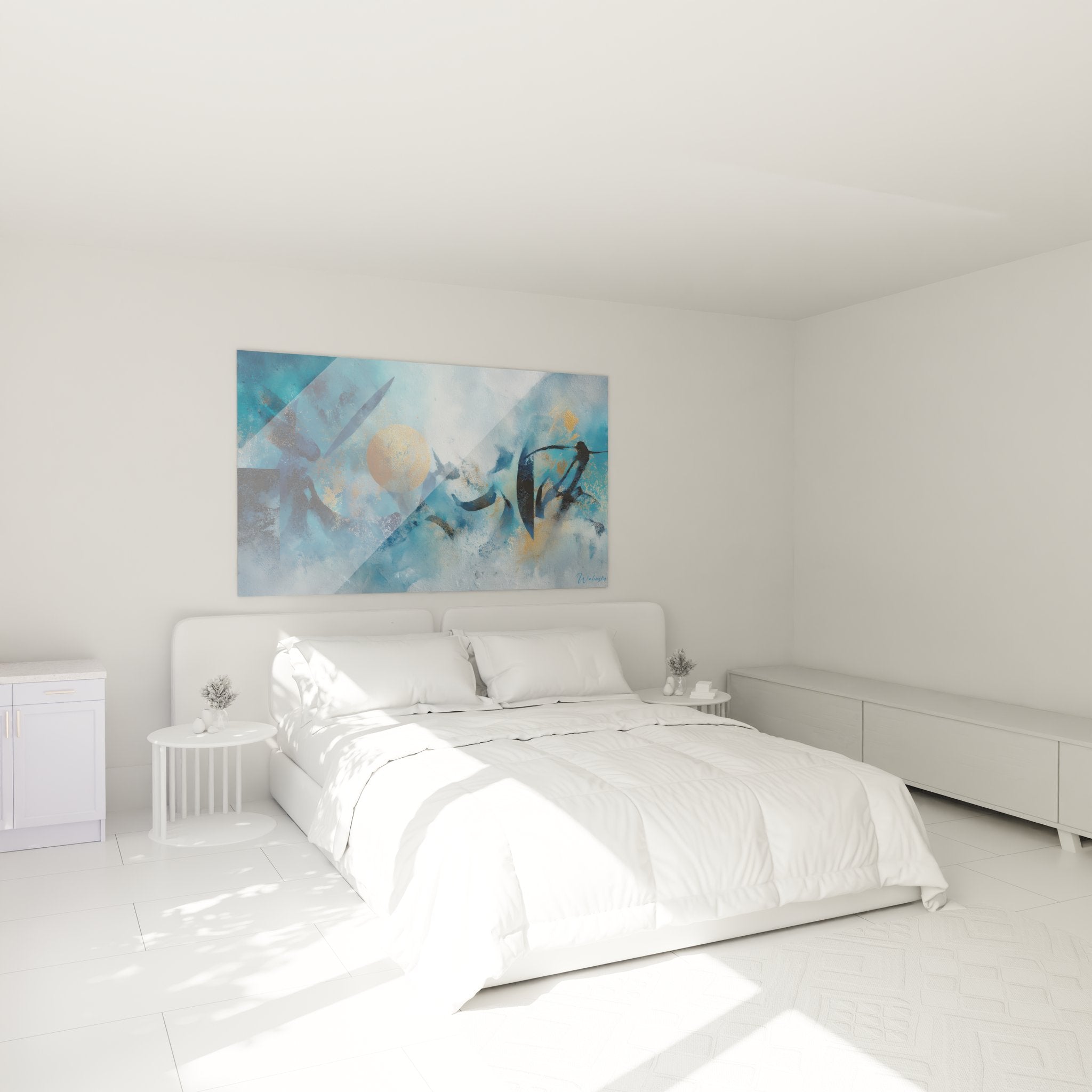 Tableau cercle doré abstrait dans chambre moderne, décoration murale contemporaine bleu or