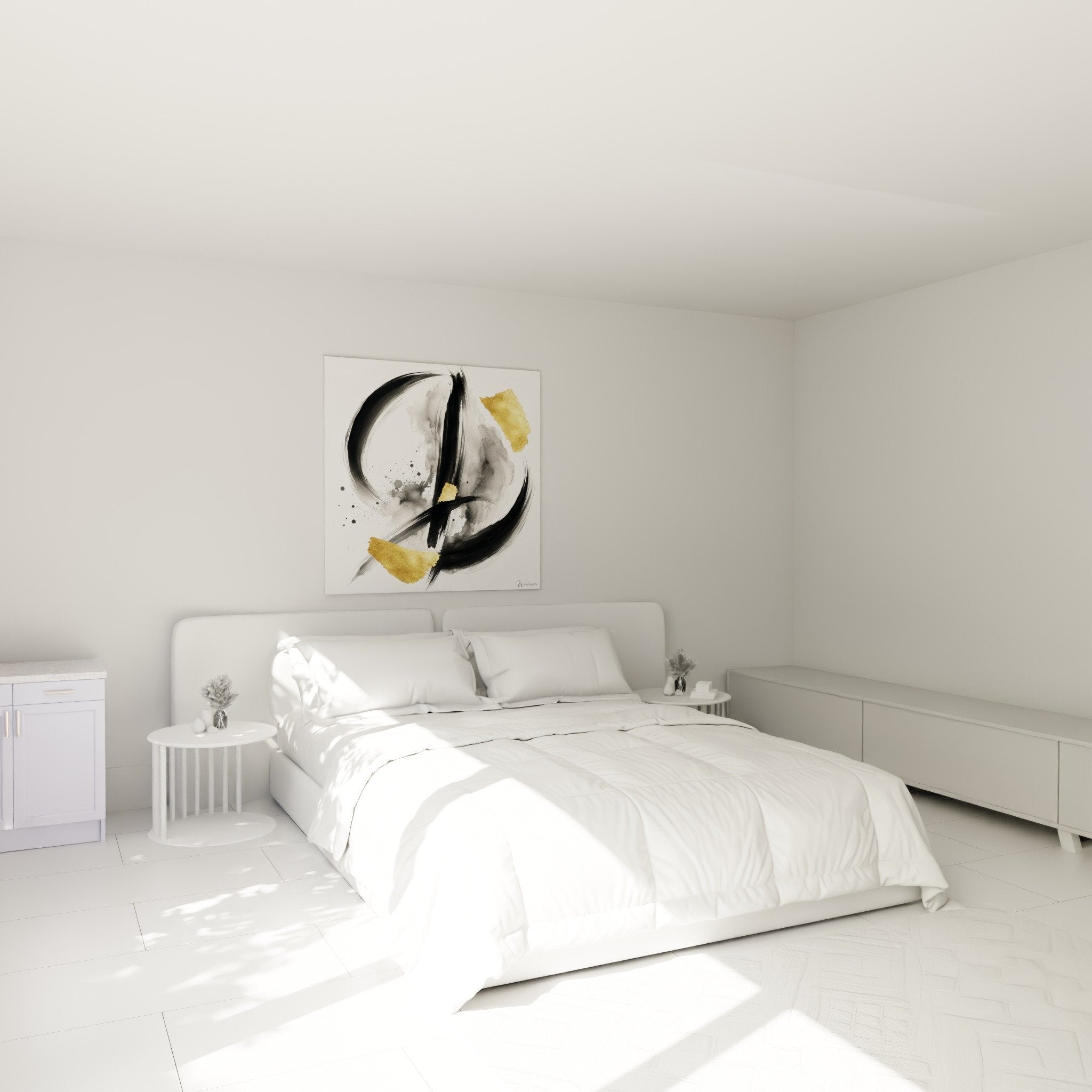 Tableau abstrait noir et or dans une chambre au décor épuré