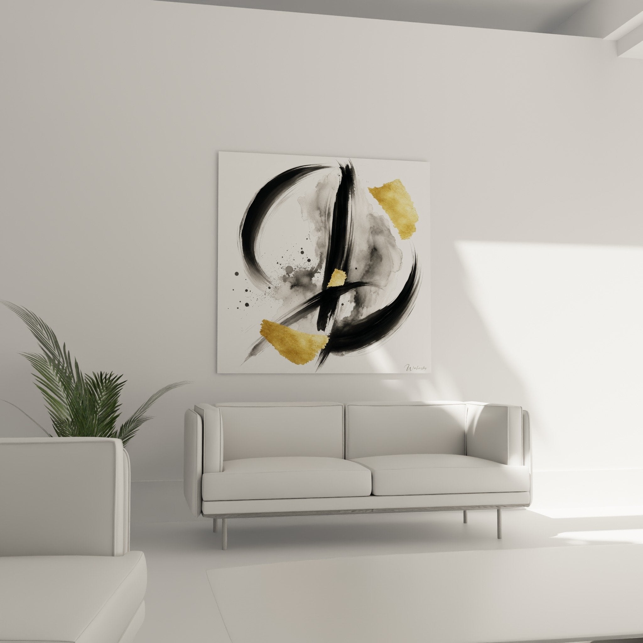 Gros plan sur la texture dorée et le trait noir du tableau abstrait