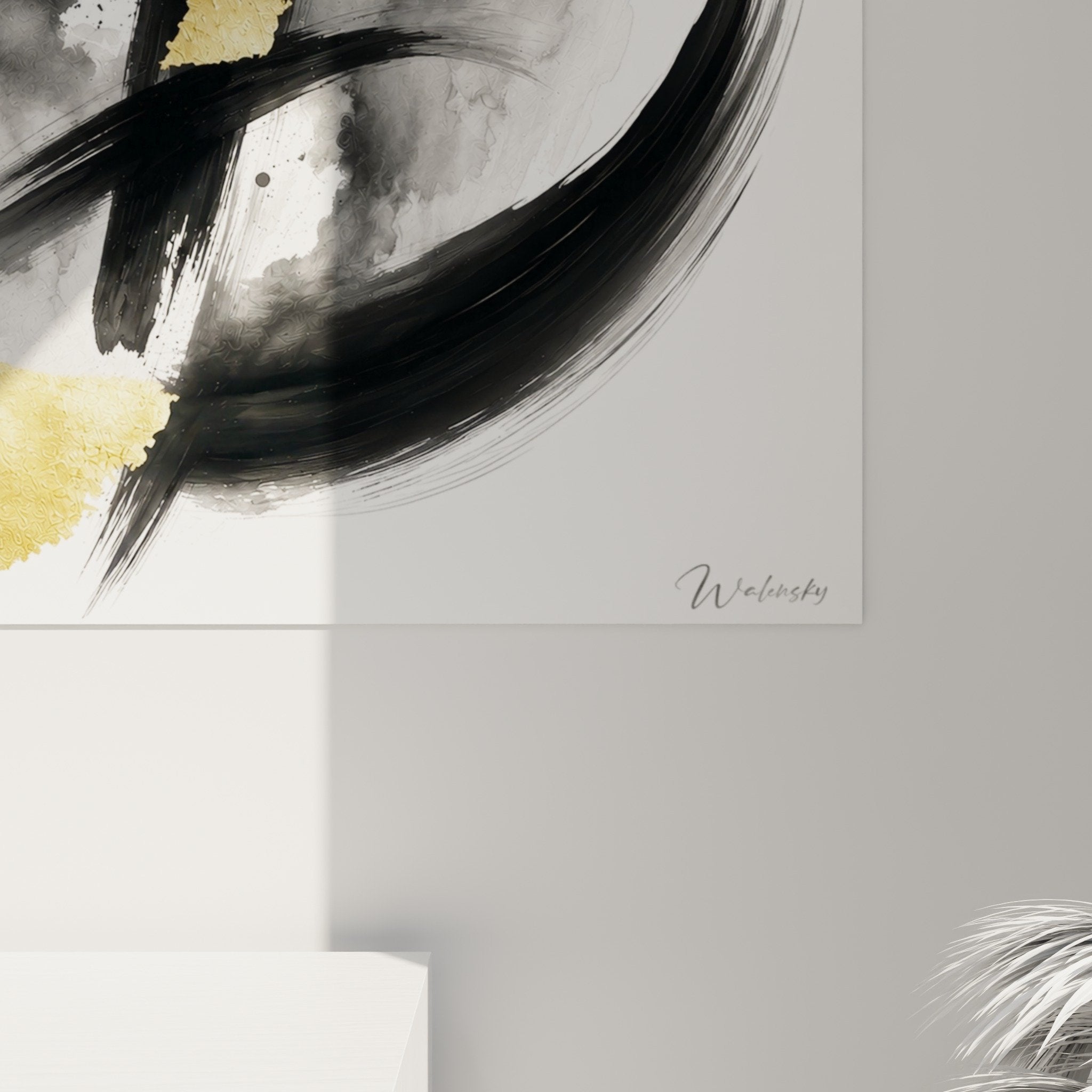 Vue d'ensemble du tableau abstrait cercle d'or dans un intérieur moderne