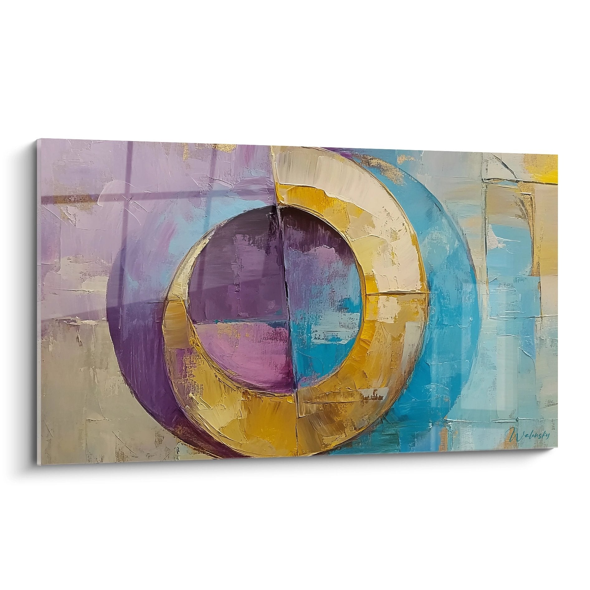 Tableau abstrait cercles concentriques colorés violet bleu jaune peinture géométrique moderne