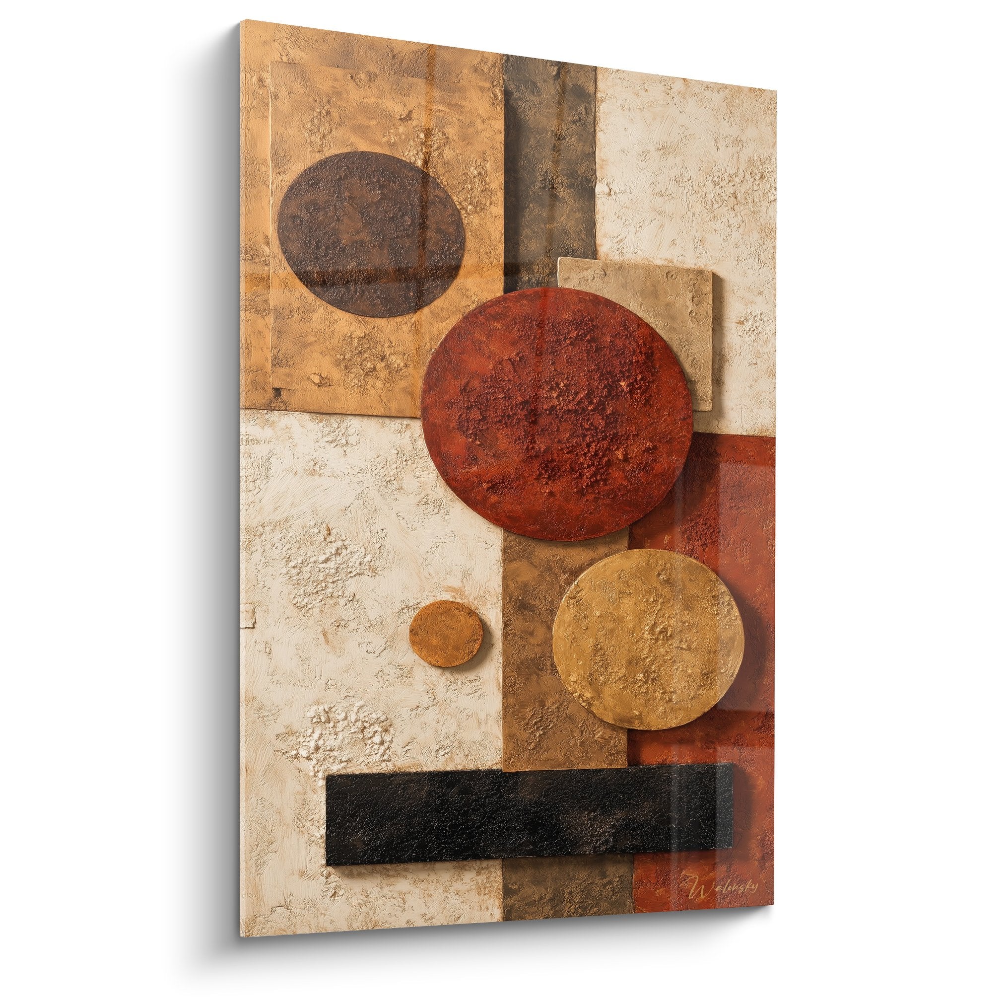 Tableau abstrait composition cercles textures ocre rouge brun rectangle noir feng shui nord est terre