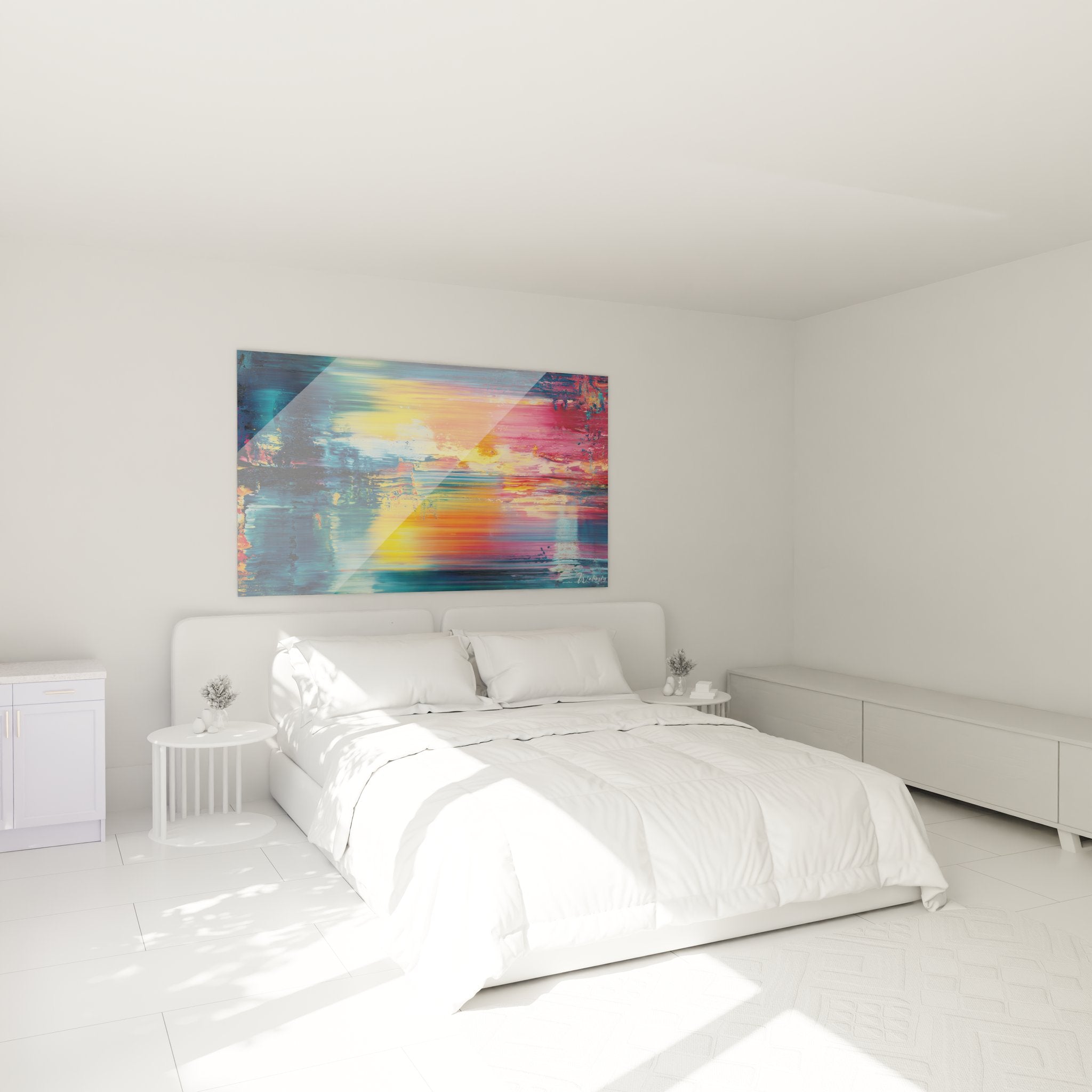 Tableau abstrait coloré dans chambre moderne, art mural contemporain aux tons bleus et oranges