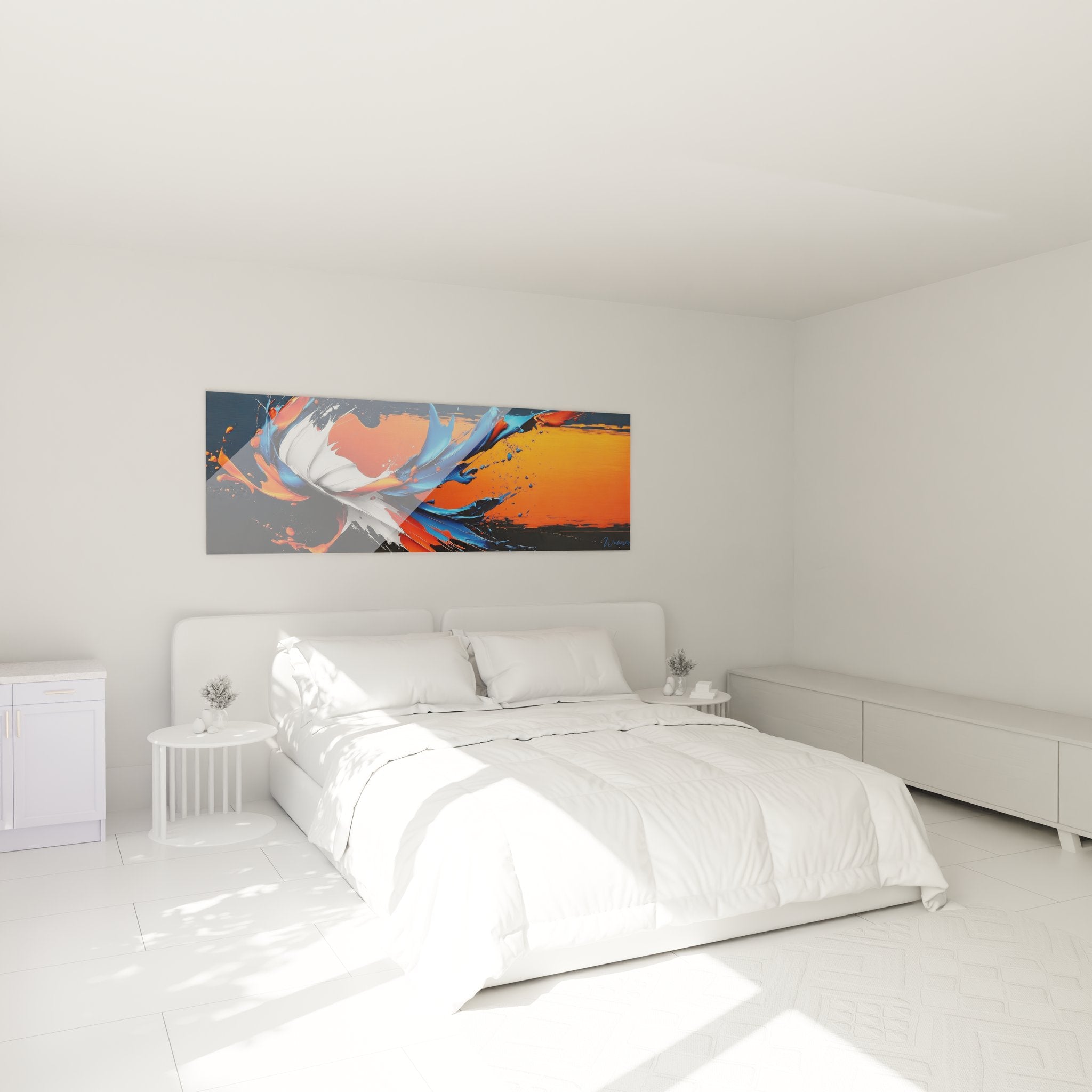 Tableau mural abstrait dynamique orange bleu dans chambre moderne décoration artistique minimaliste